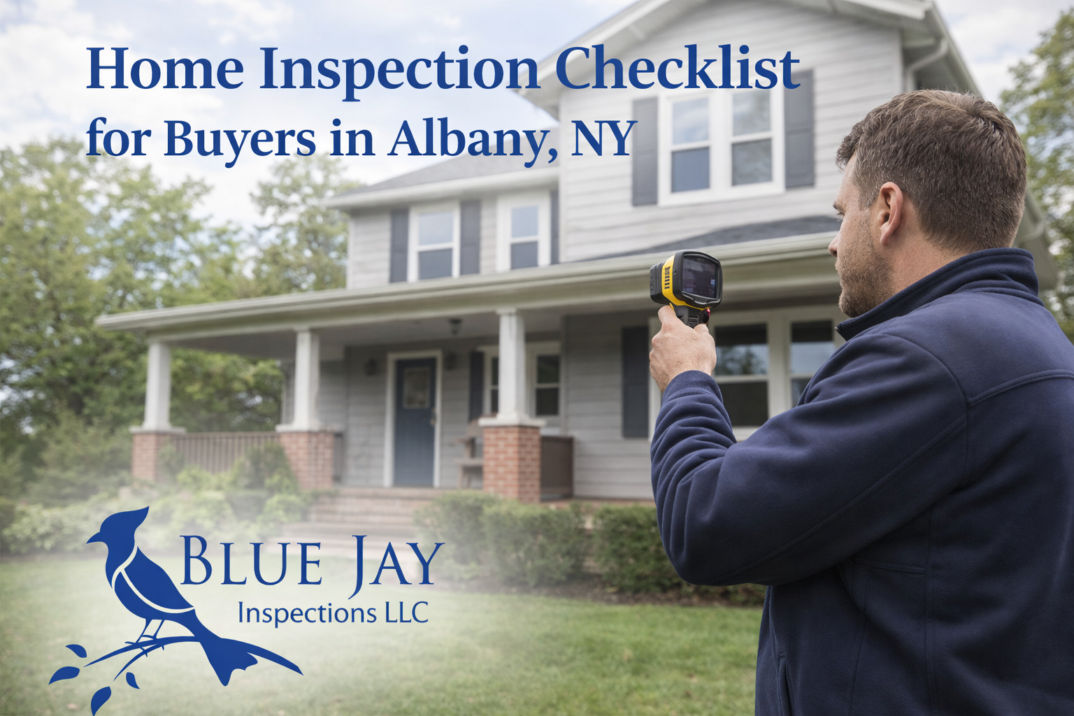 Home inspector reviewing checklist outside residential property in Albany NY with Blue Jay Inspections logo
