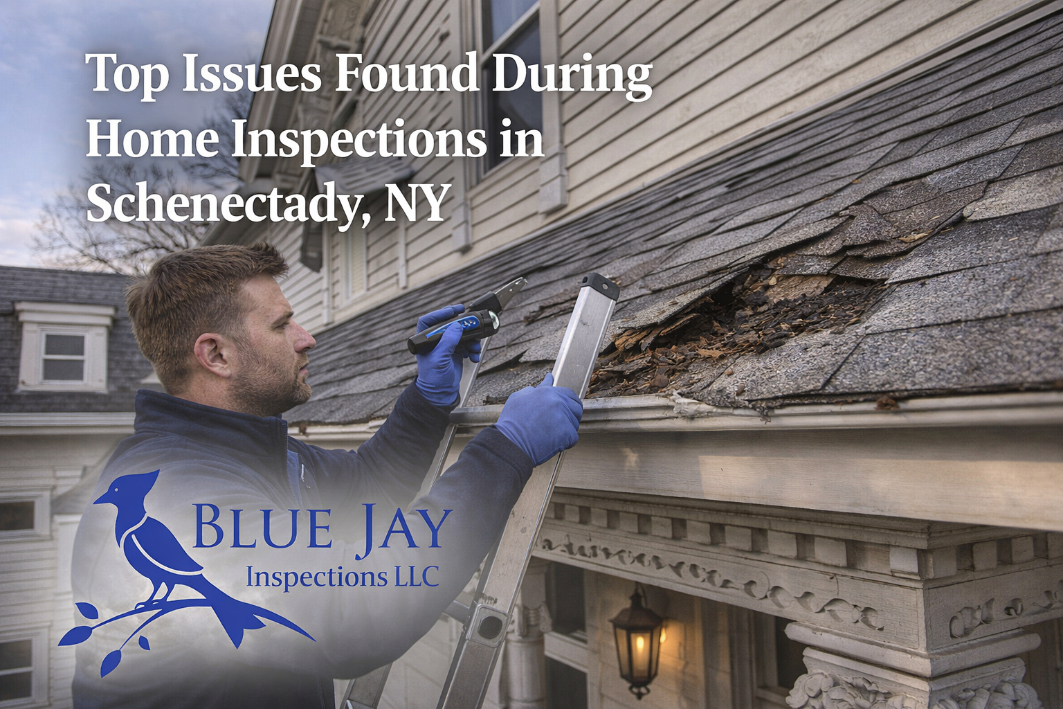 Home inspector examining damaged roof shingles on older Schenectady NY home during inspection with Blue Jay Inspections logo