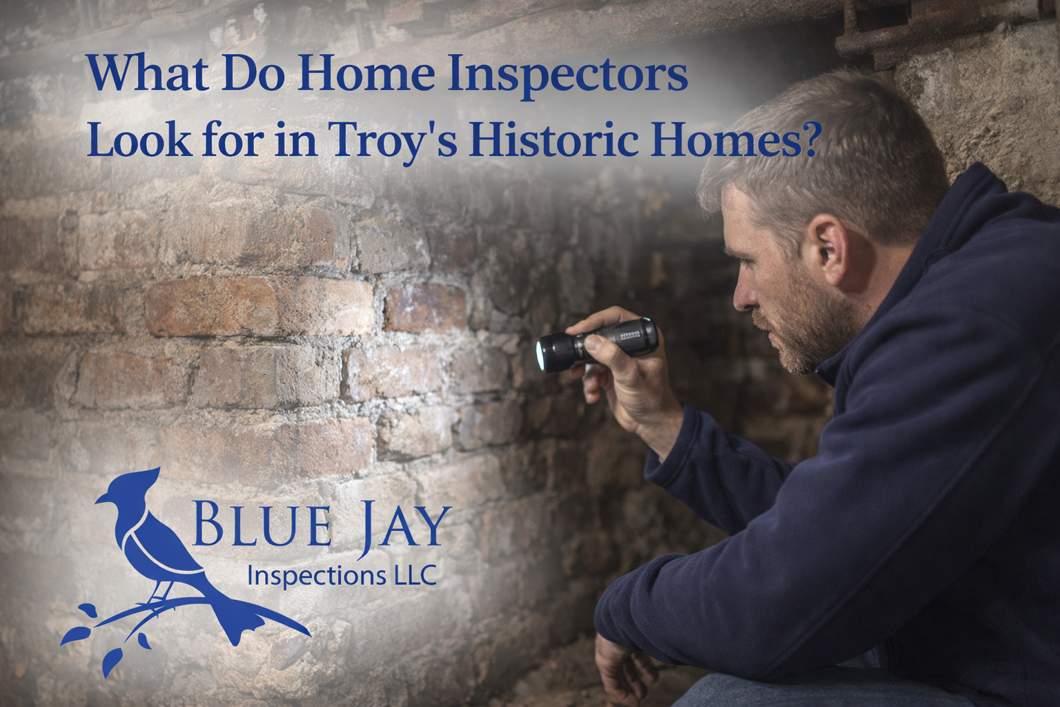 Home inspector examining brick foundation in historic Troy NY home during inspection with Blue Jay Inspections logo