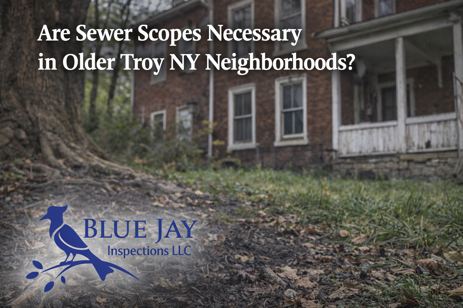 Older historic home in Troy NY with large tree and aging exterior highlighting need for sewer scope inspection with Blue Jay Inspections logo