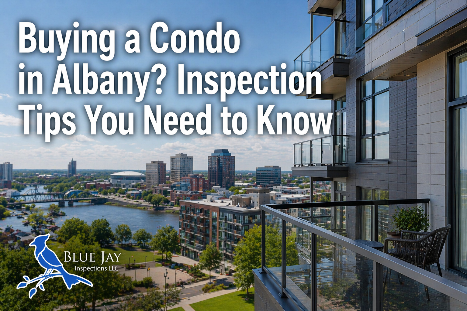 Modern condominium building in Albany NY overlooking river and skyline with Blue Jay Inspections logo and condo inspection tips title