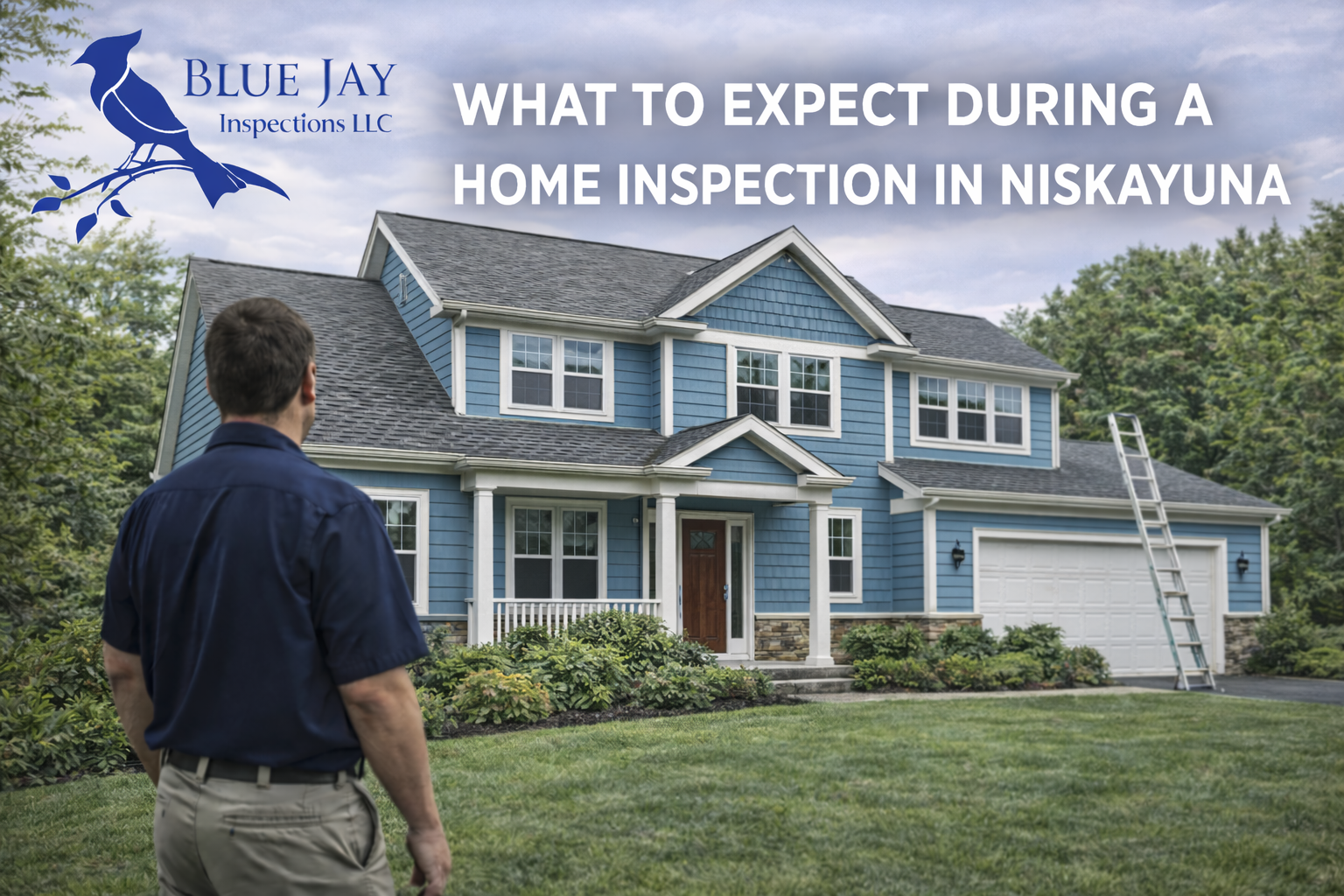 Niskayuna NY home exterior with Blue Jay Inspections logo and title about what to expect during a home inspection