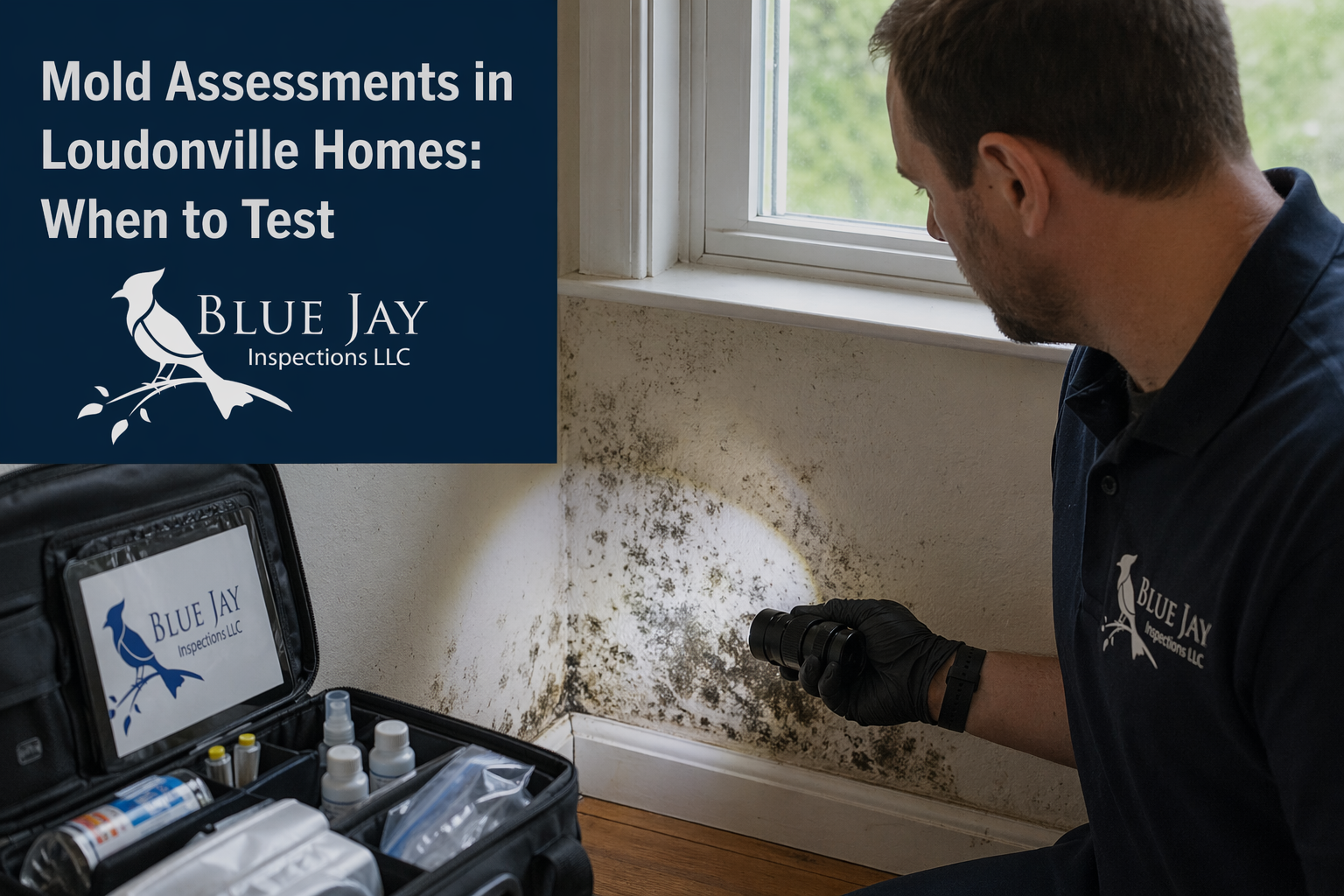 Mold assessment in Loudonville NY home with inspector checking wall mold using flashlight near window