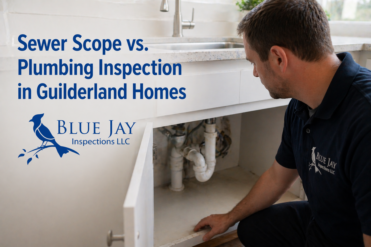 Plumbing inspection in Guilderland NY with inspector examining pipes under kitchen sink during home inspection