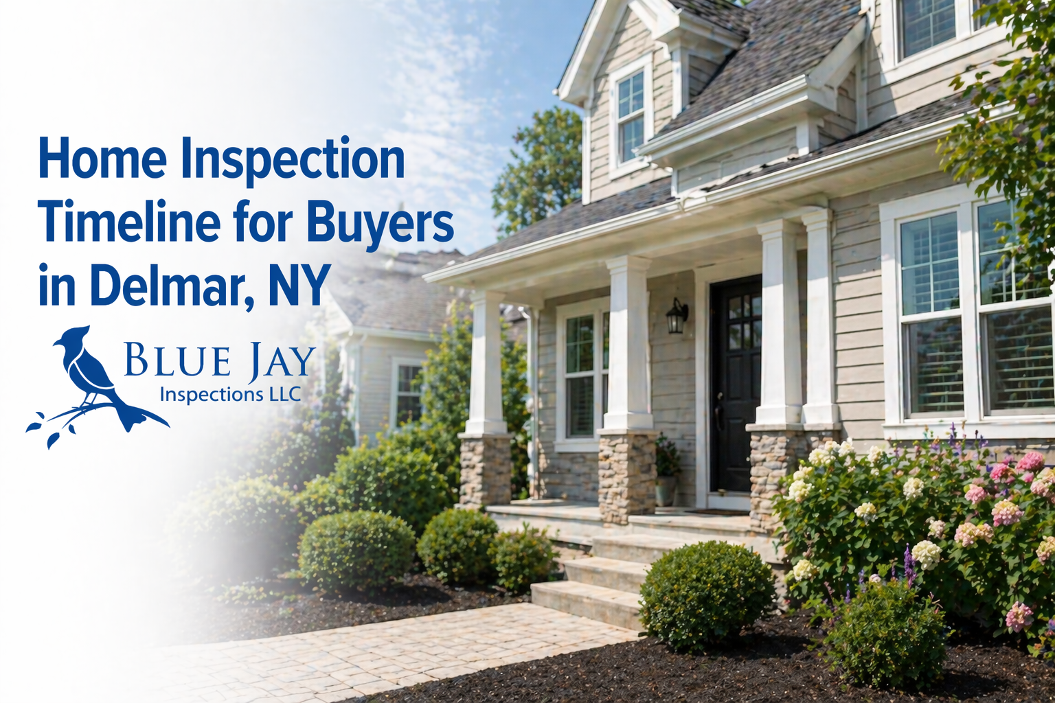 Home inspection timeline in Delmar NY with exterior view of suburban home representing home buying process