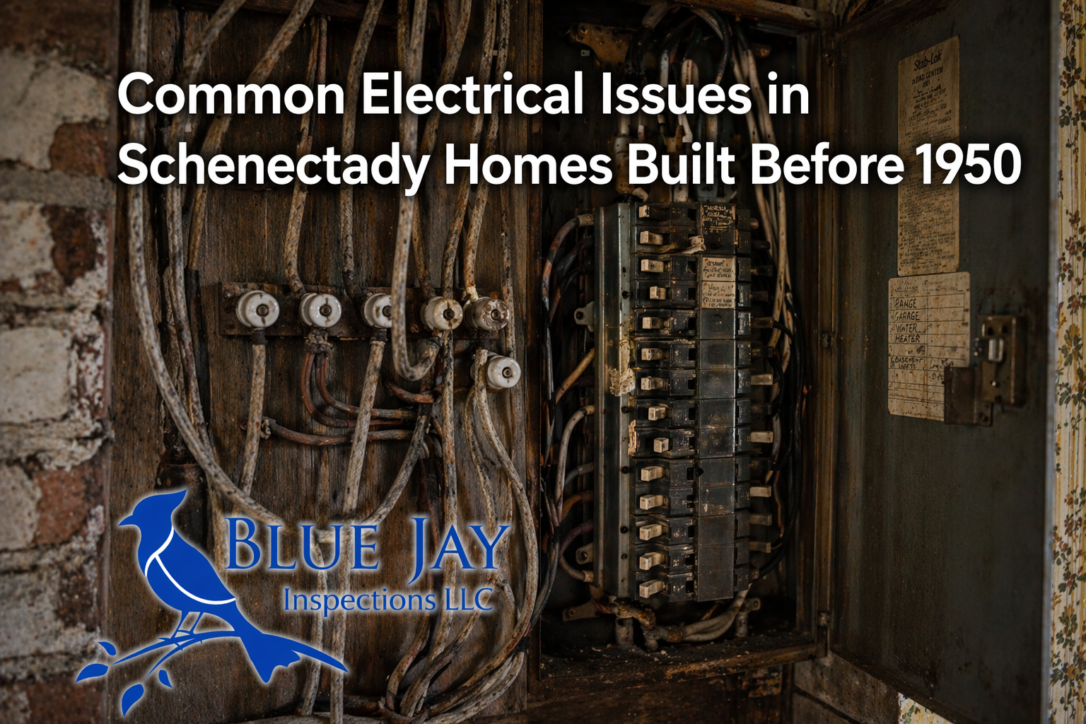 Old electrical panel with fuse box and knob and tube wiring in pre 1950 Schenectady NY home