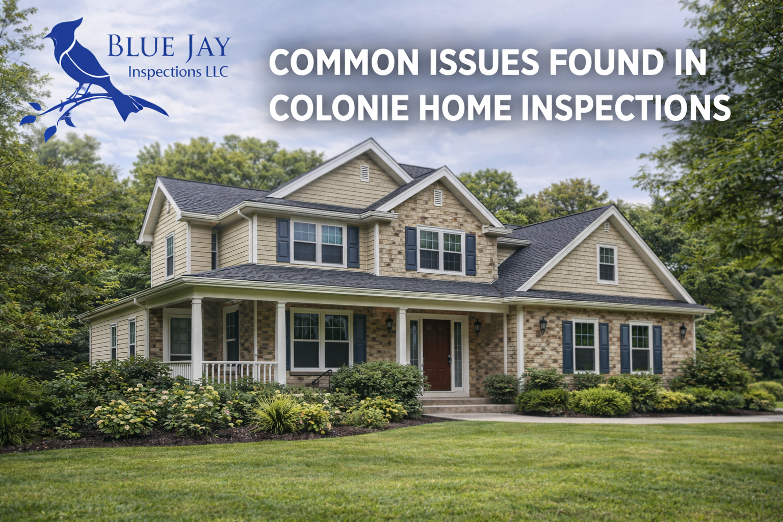 Colonie NY home exterior with Blue Jay Inspections logo and title about common home inspection issues