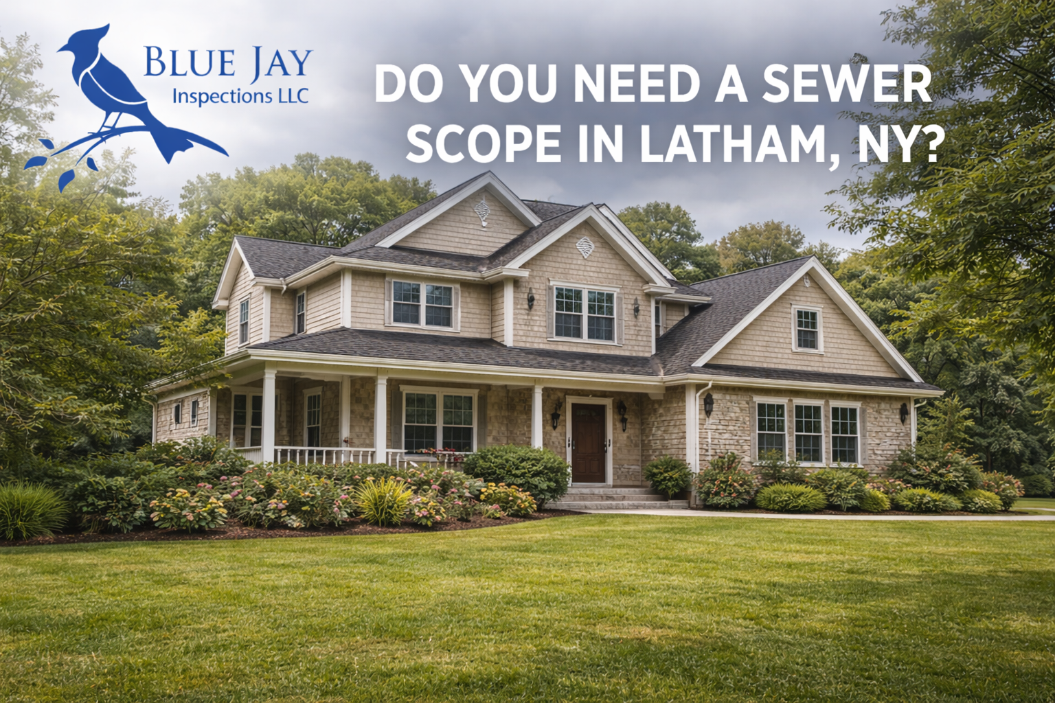 Latham NY home exterior with Blue Jay Inspections logo and title about sewer scope inspections for homebuyers
