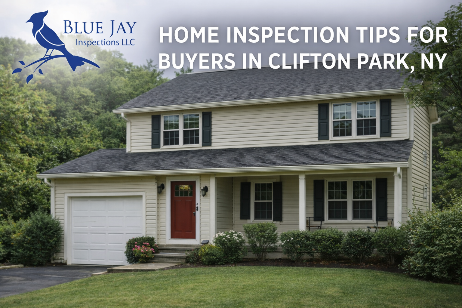 Clifton Park NY home exterior with Blue Jay Inspections logo and title about home inspection tips for buyers