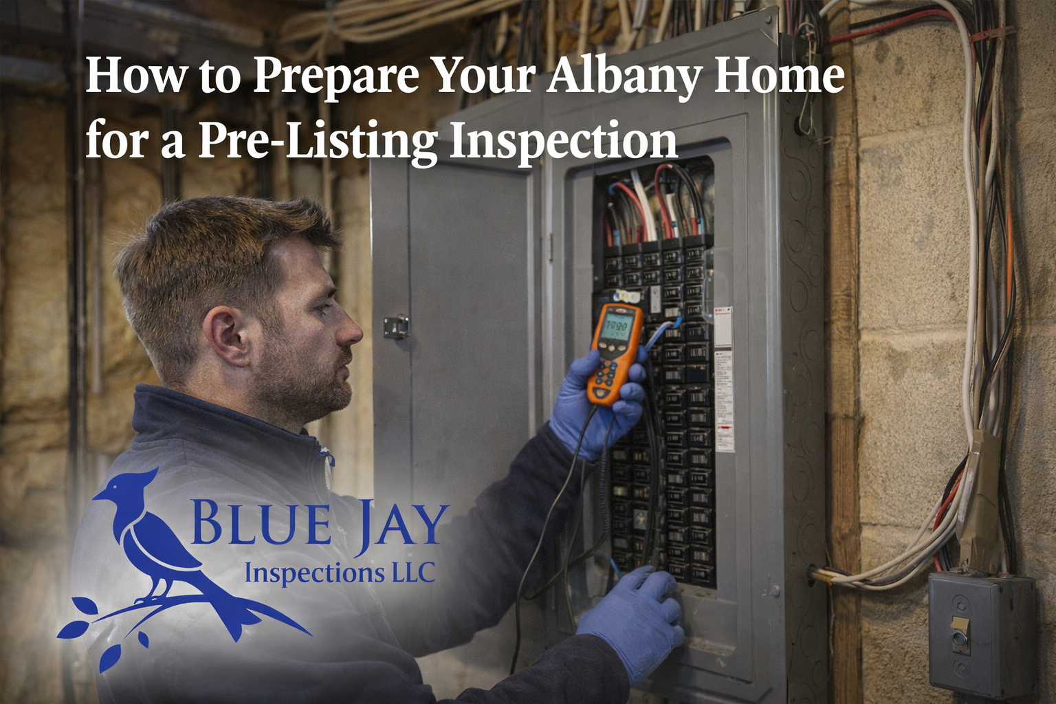 Home inspector checking electrical panel in Albany NY during pre-listing inspection with Blue Jay Inspections logo