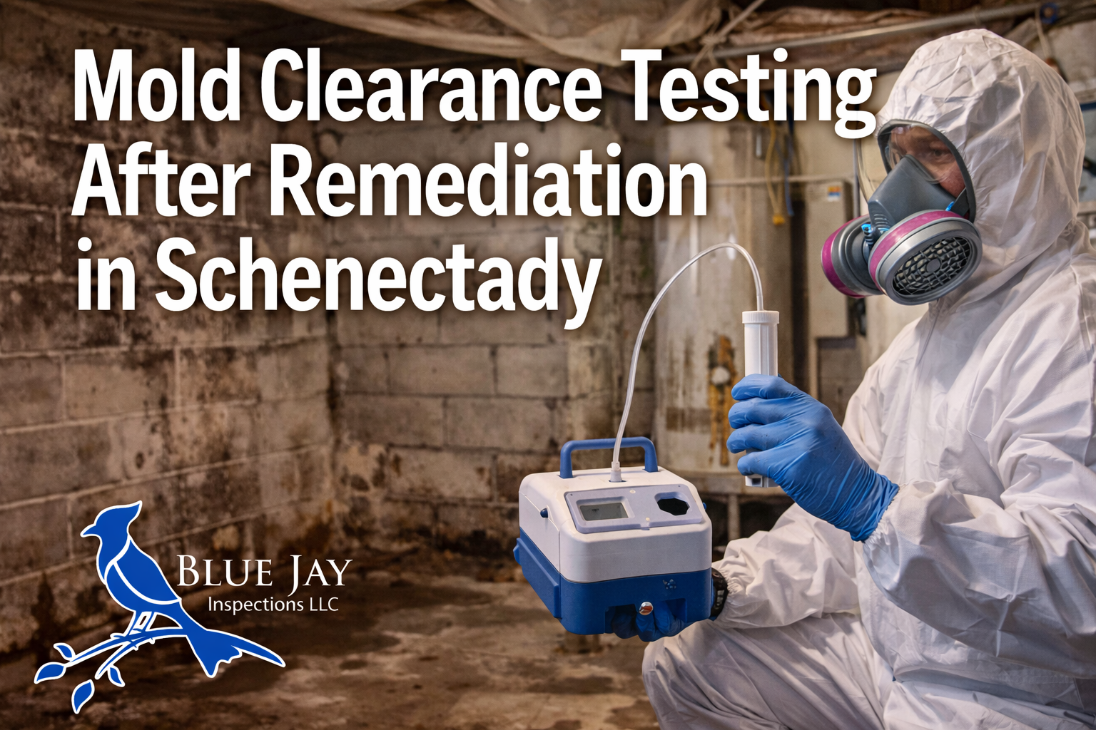 Mold clearance testing in Schenectady NY with inspector using air sampling equipment in basement after remediation with Blue Jay Inspections logo