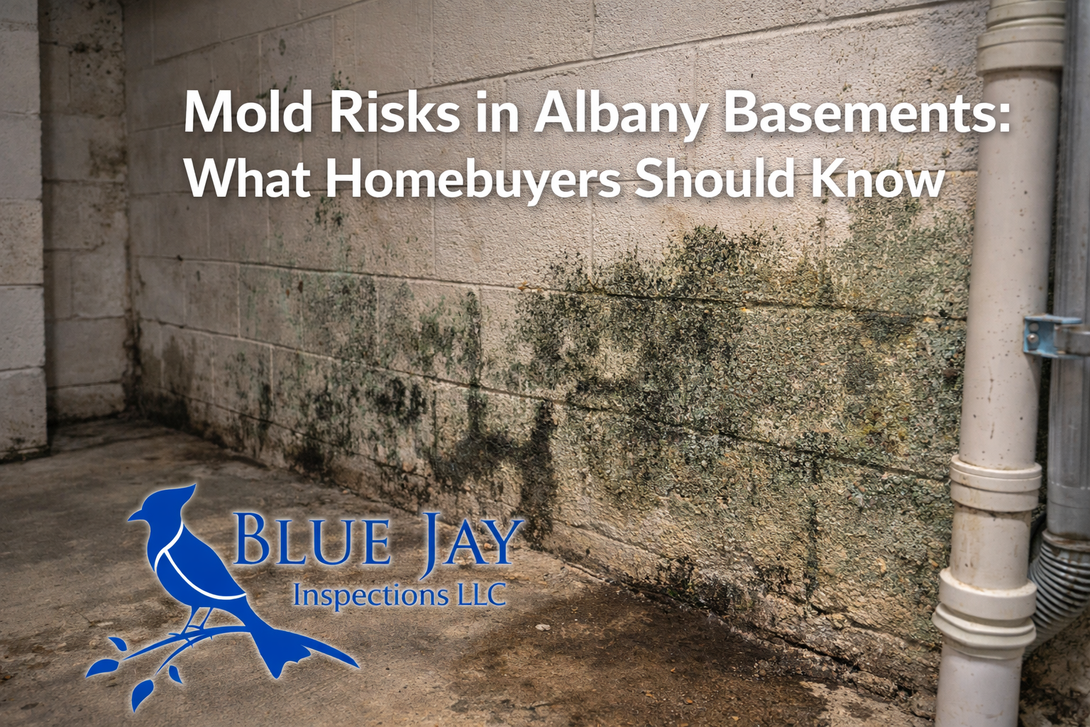 Mold growth on damp basement wall in Albany NY home with visible moisture damage and Blue Jay Inspections logo