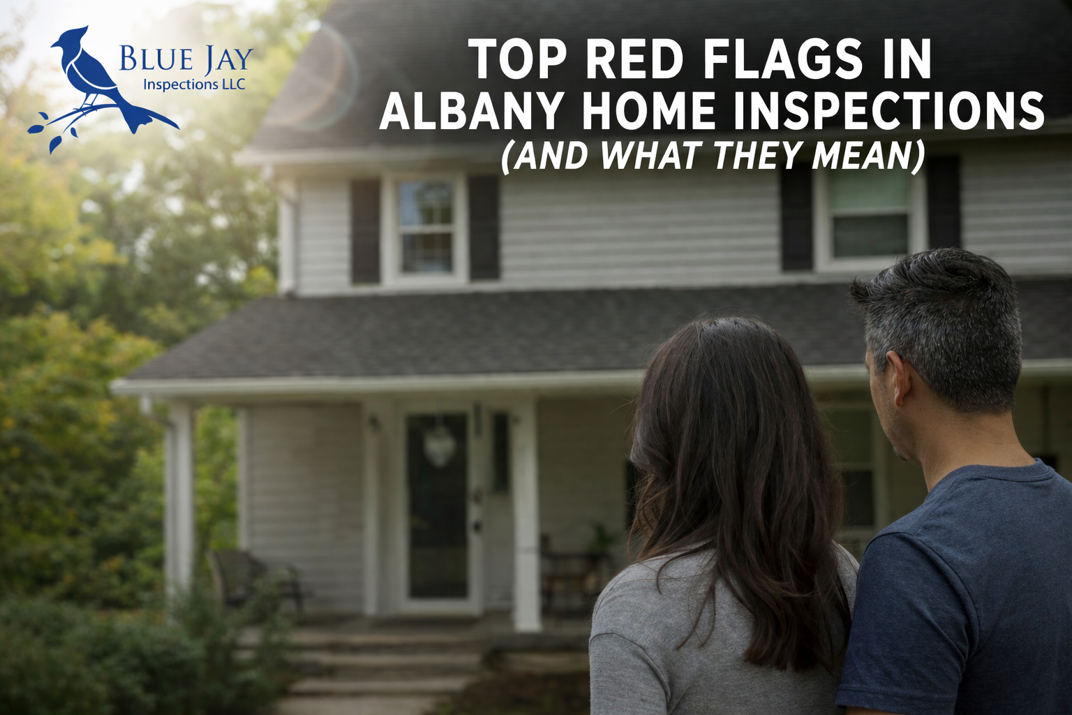 Albany home exterior with Blue Jay Inspections logo and title text highlighting top red flags found during home inspections