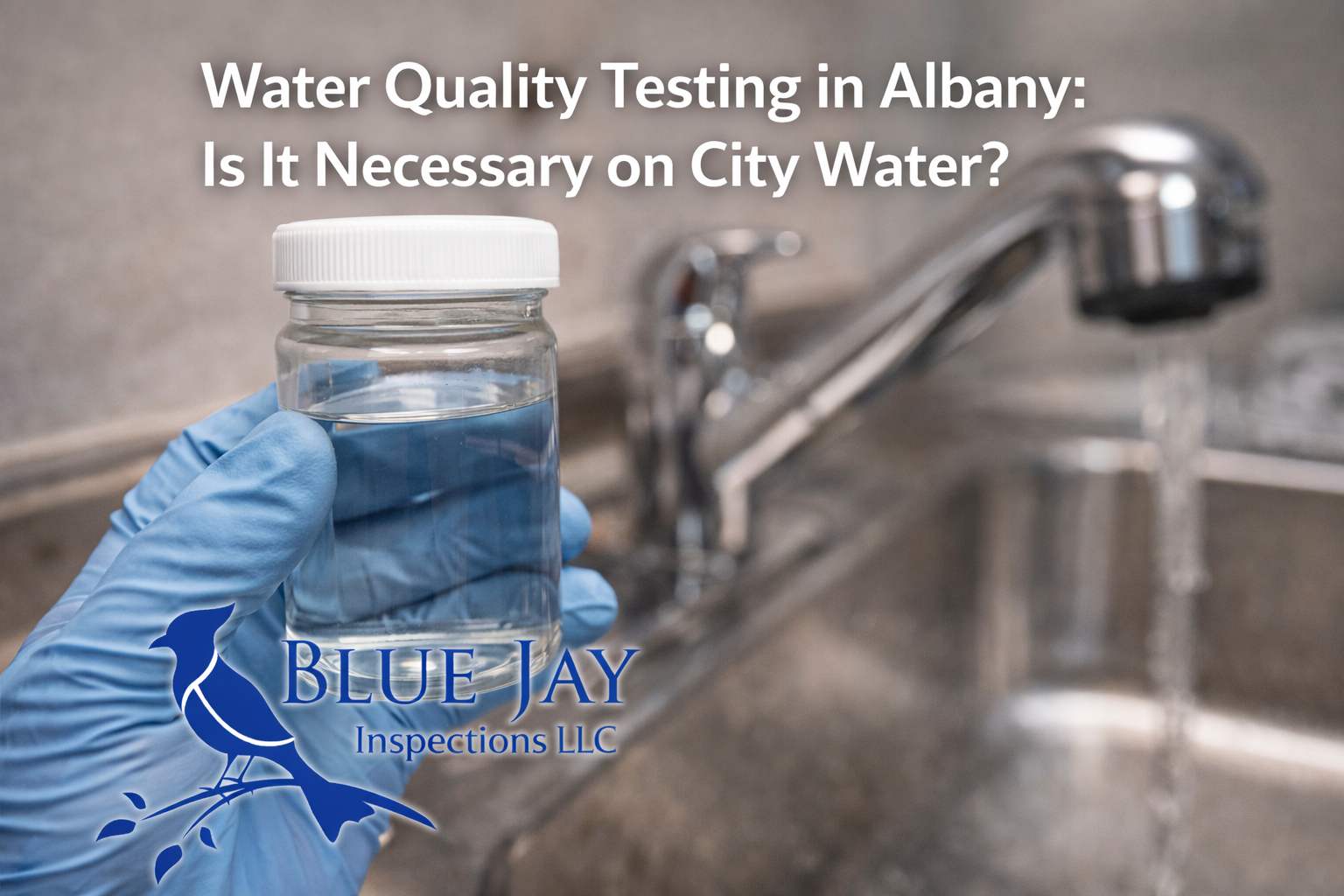Water quality testing in Albany NY with sample jar at kitchen sink showing city water testing for homebuyers