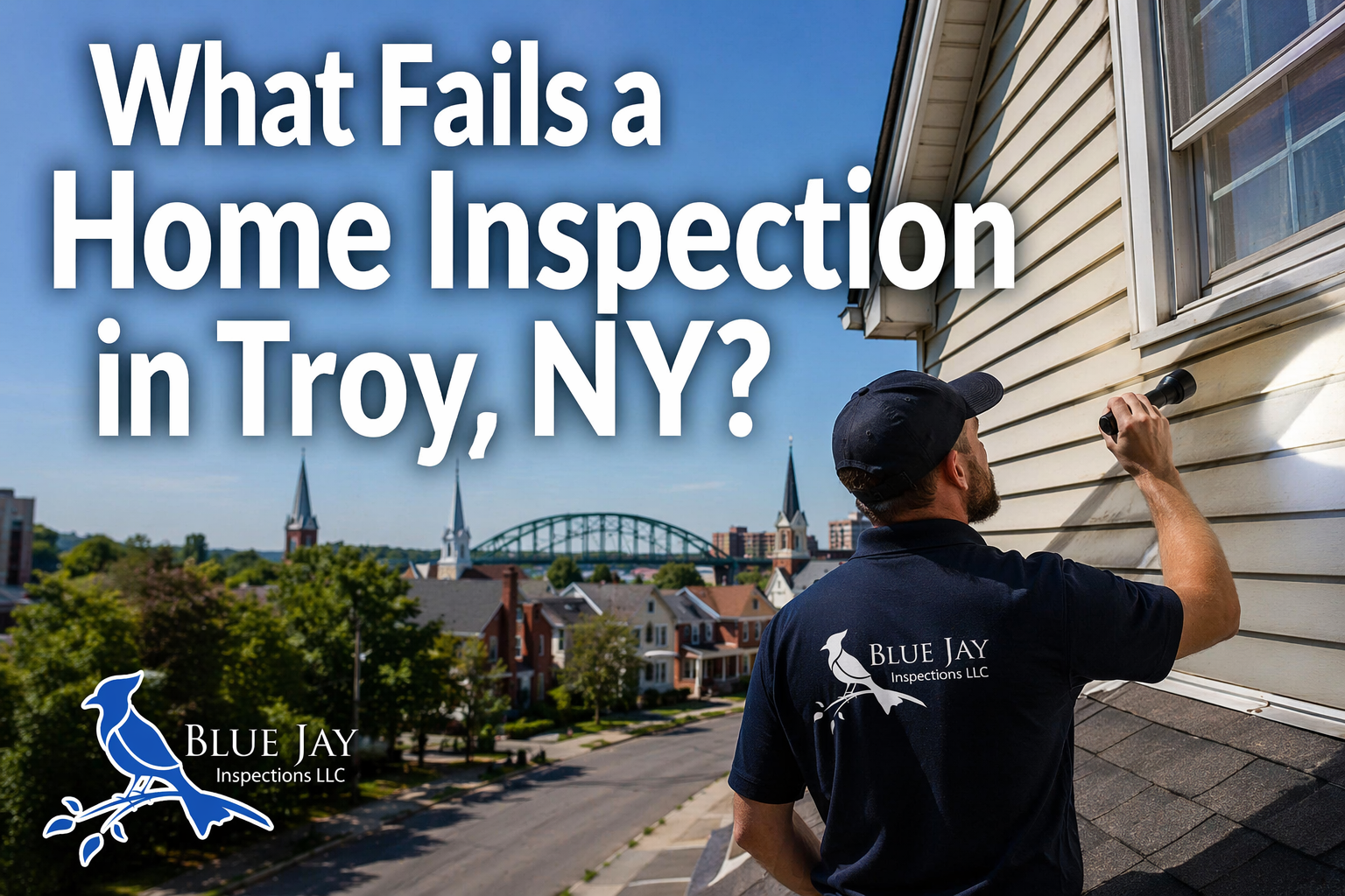 Home inspector examining exterior siding during a home inspection in Troy NY with Blue Jay Inspections logo and city neighborhood in background