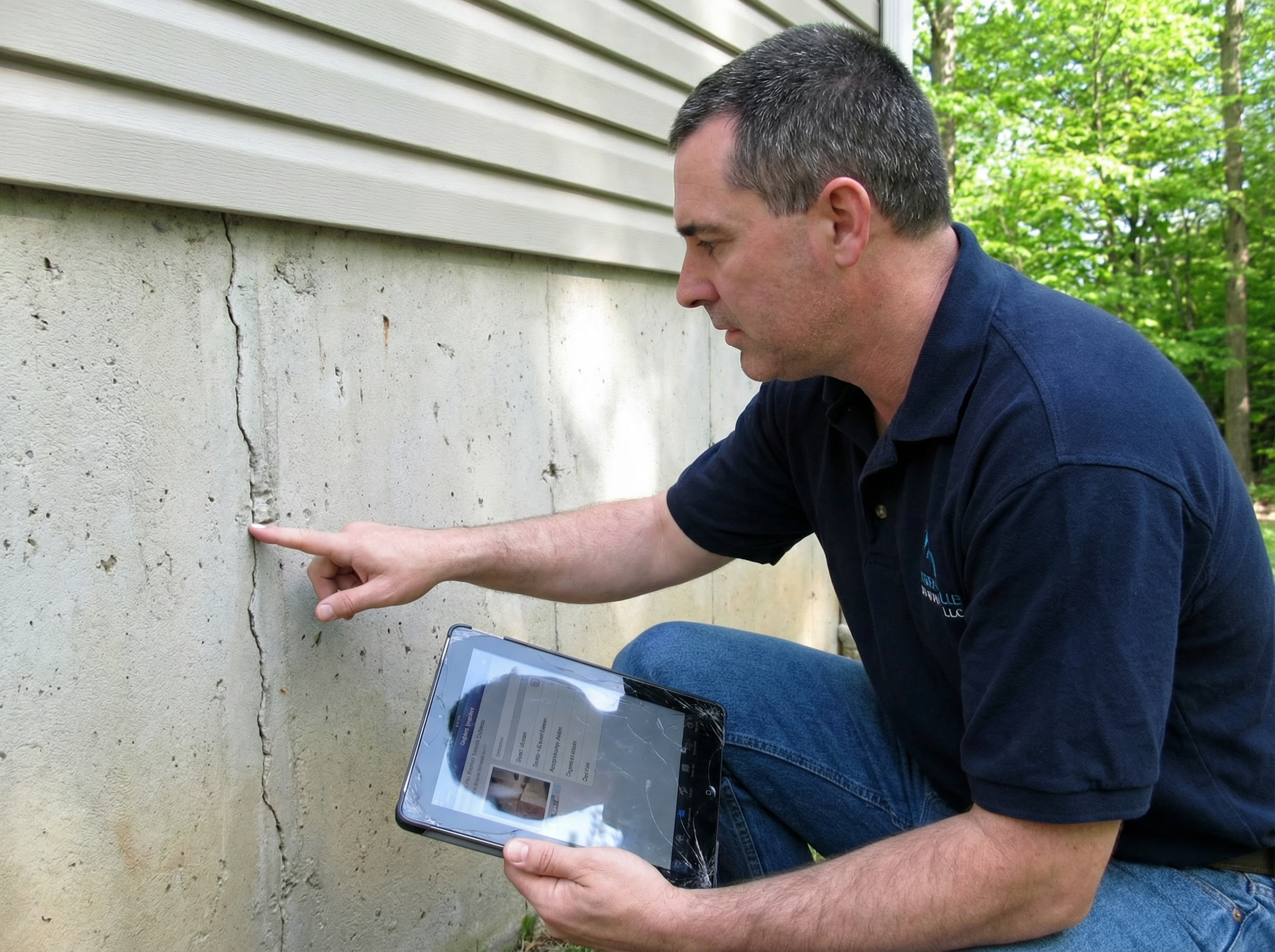 Home inspector examining a foundation in an Altamont, NY home