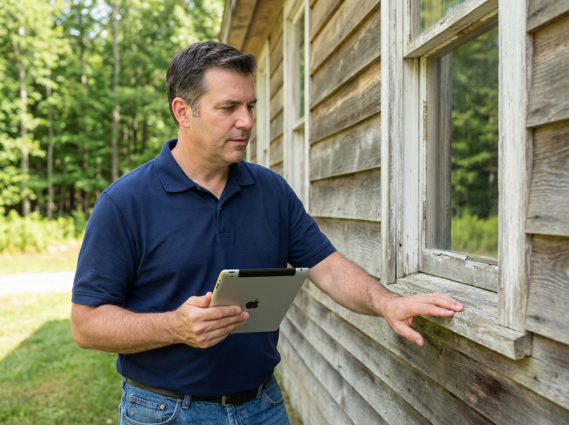 Home inspector examining the exterior foundation of an older home in Galway, NY