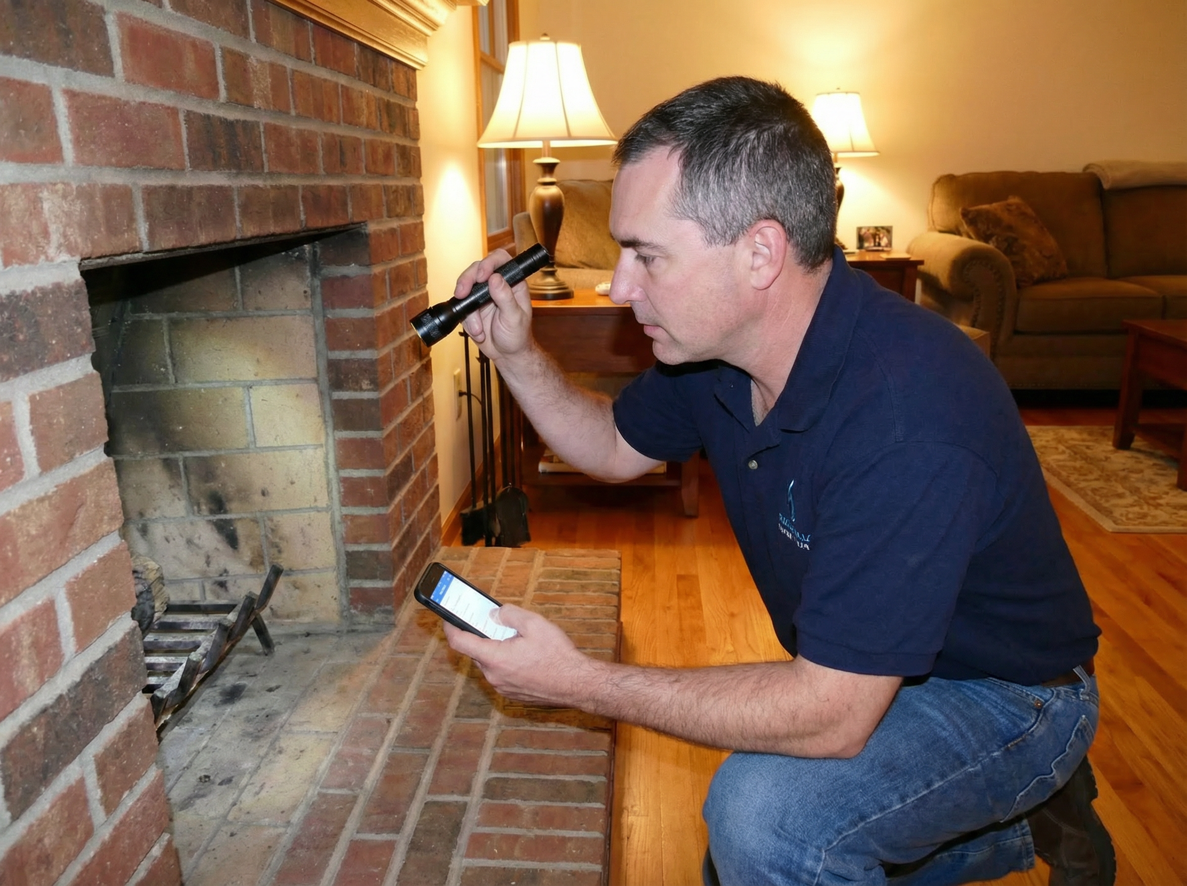 Home inspector examining a roof and chimney in a Niskayuna, NY home