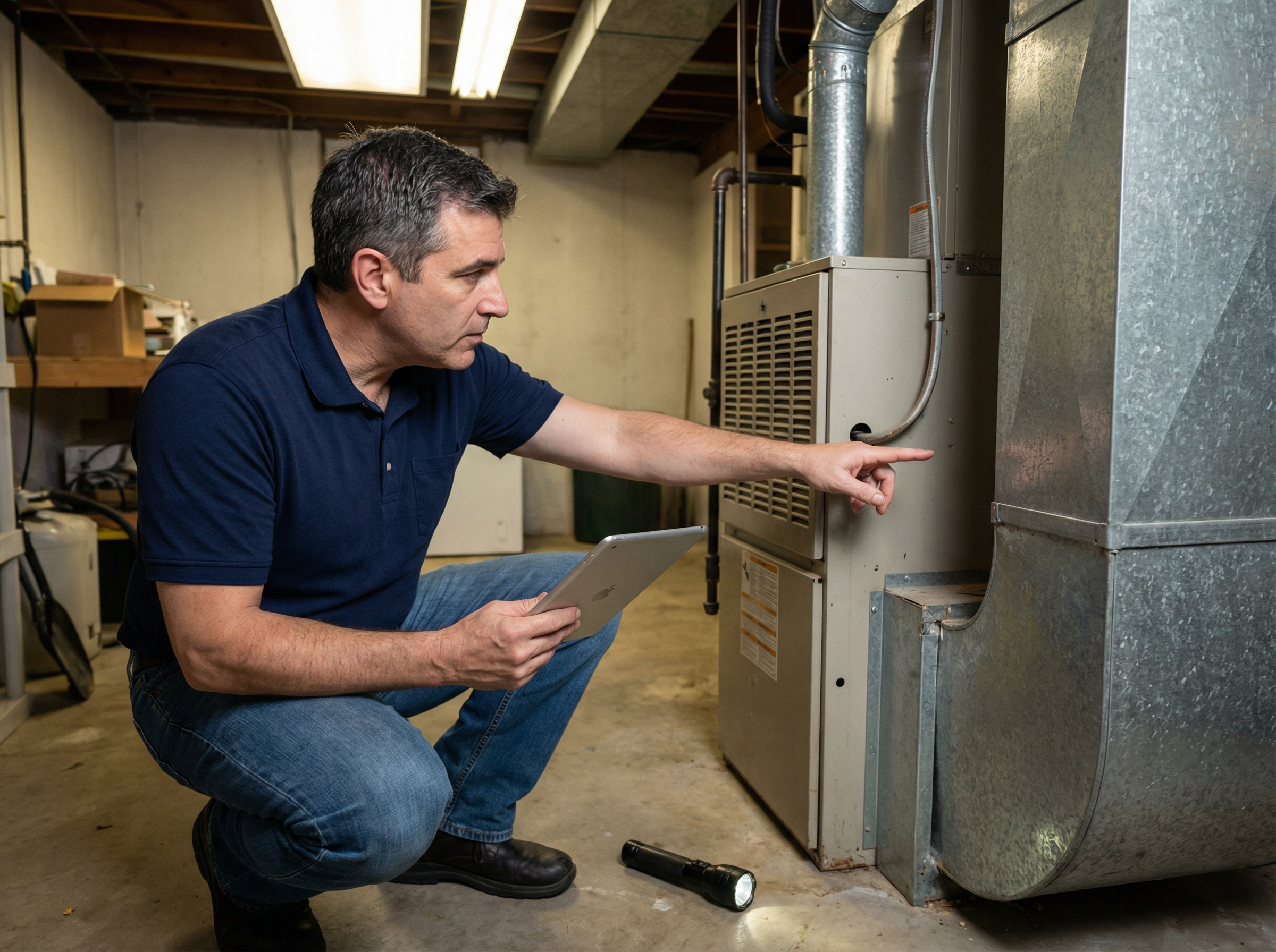 Home inspector examining a furnace in a Rotterdam, NY home