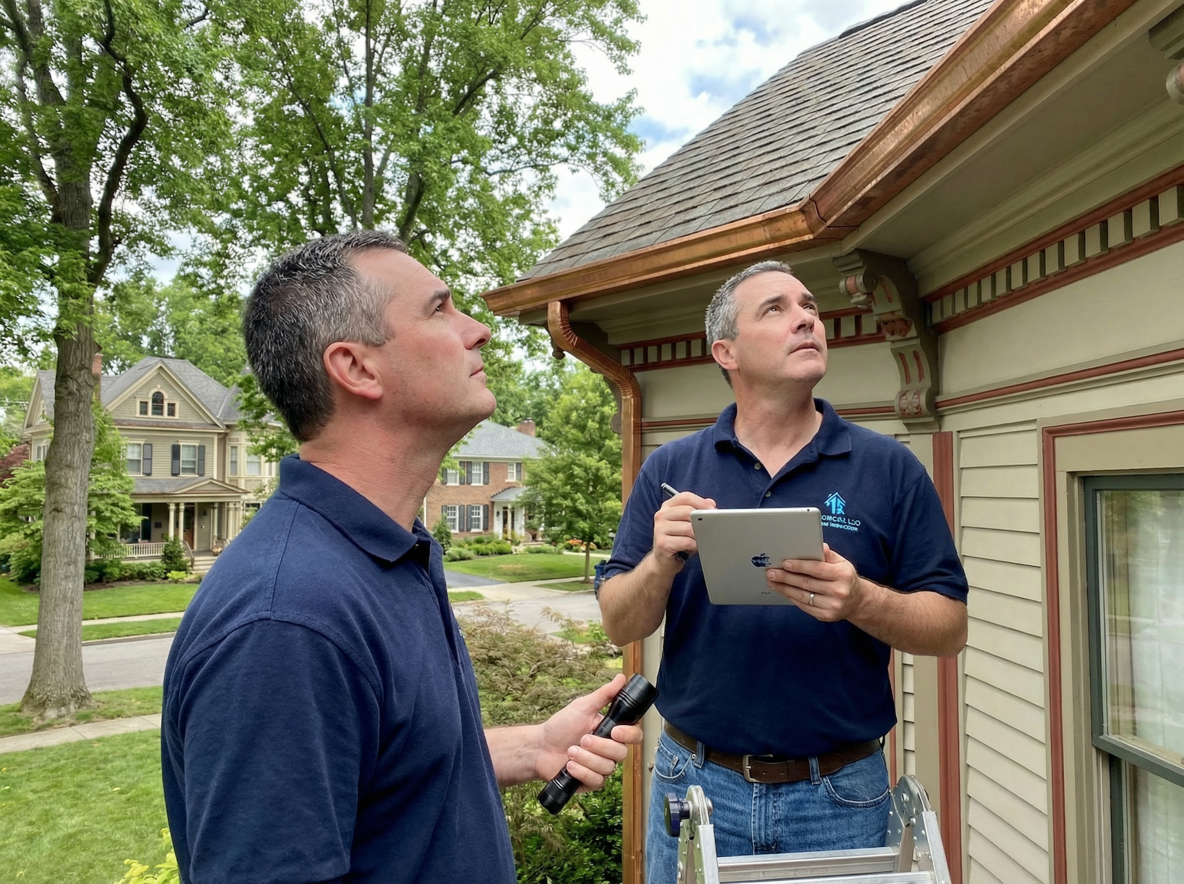Home inspector examining the roof of a house in a Saratoga Springs NY home