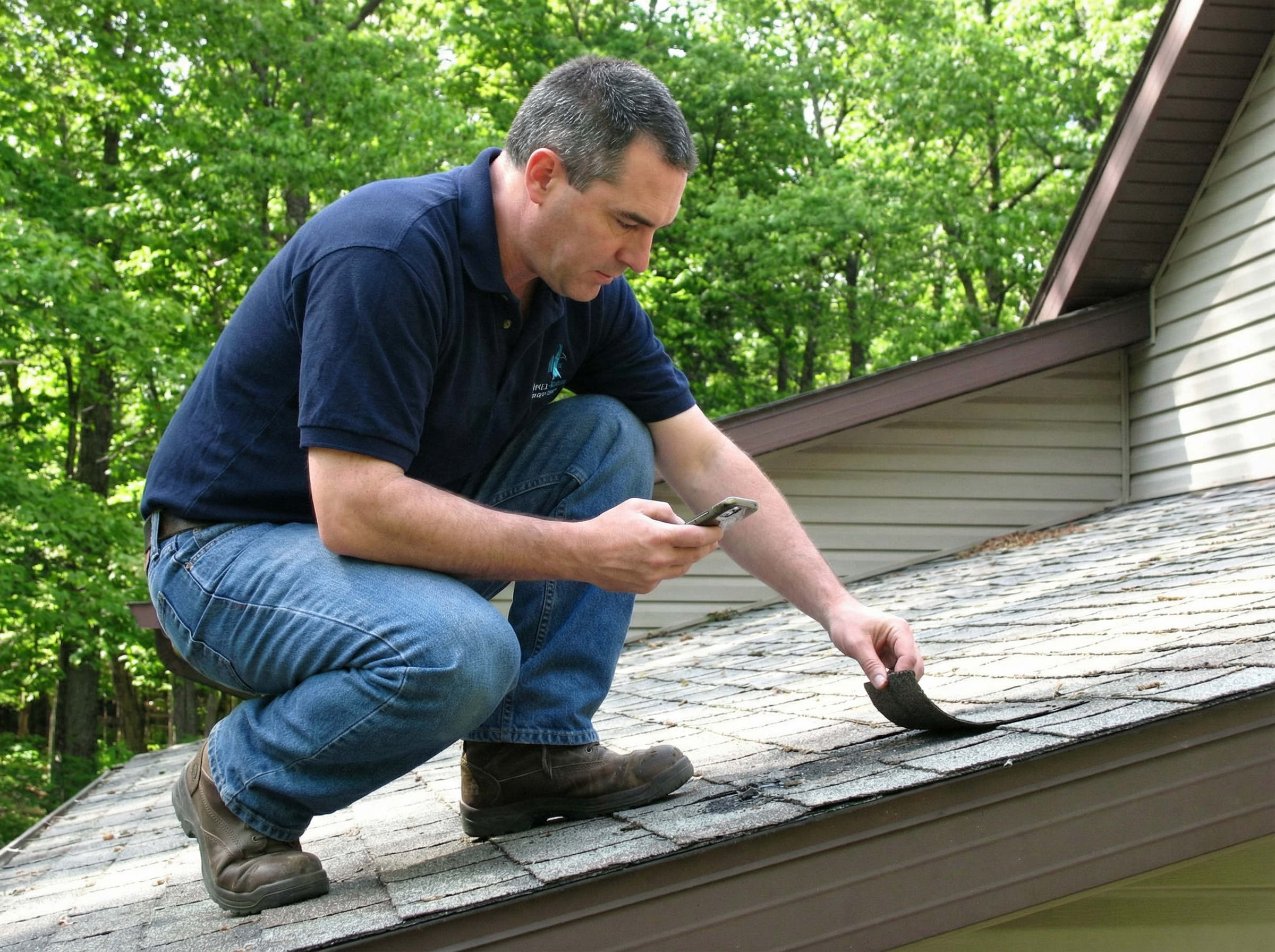 Home inspector examining the roof of a house in Voorheesville, NY