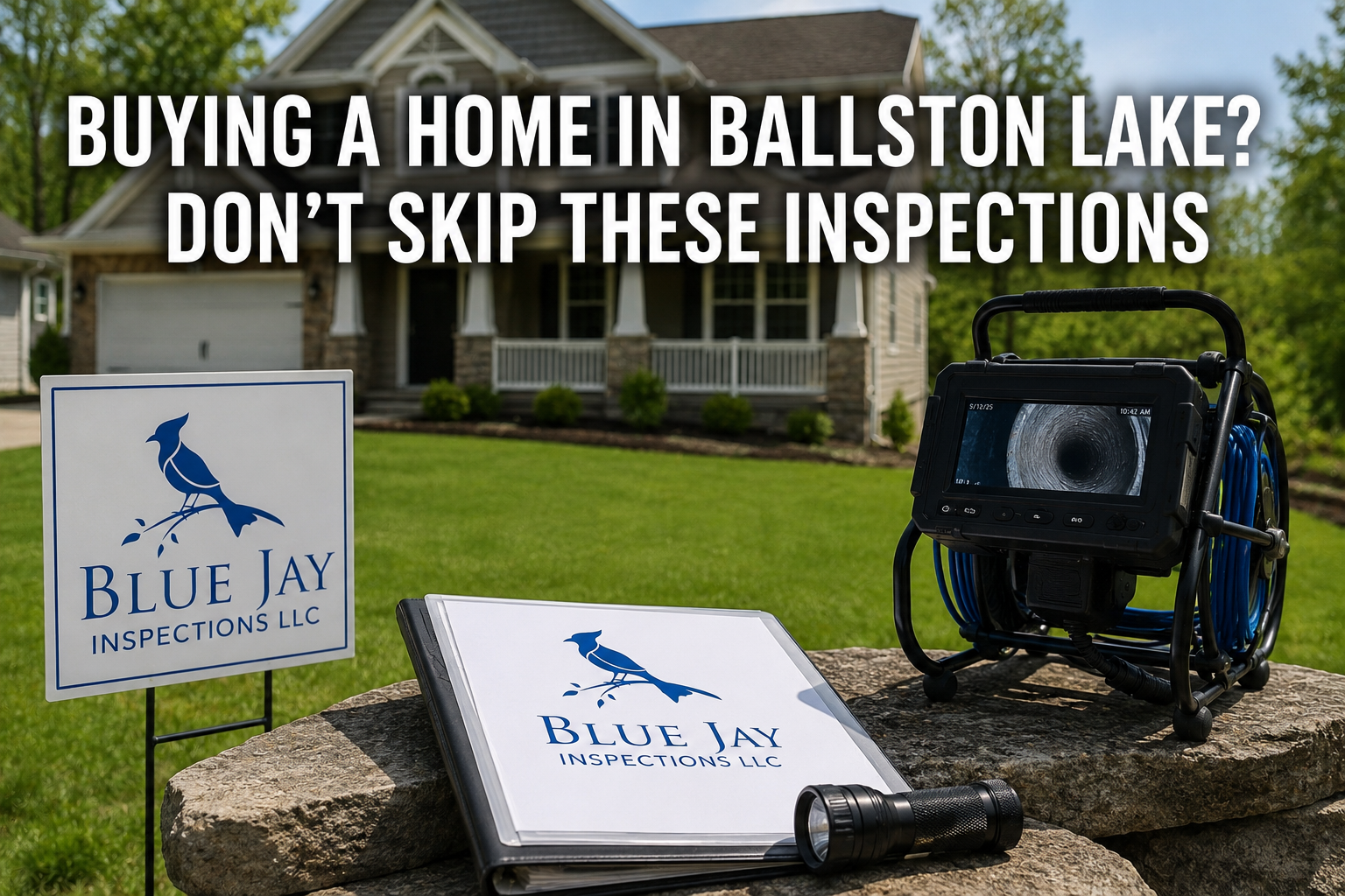 Homebuyer reviewing a residential property inspection in Ballston Lake NY with Blue Jay Inspections branding during a professional home buying inspection process