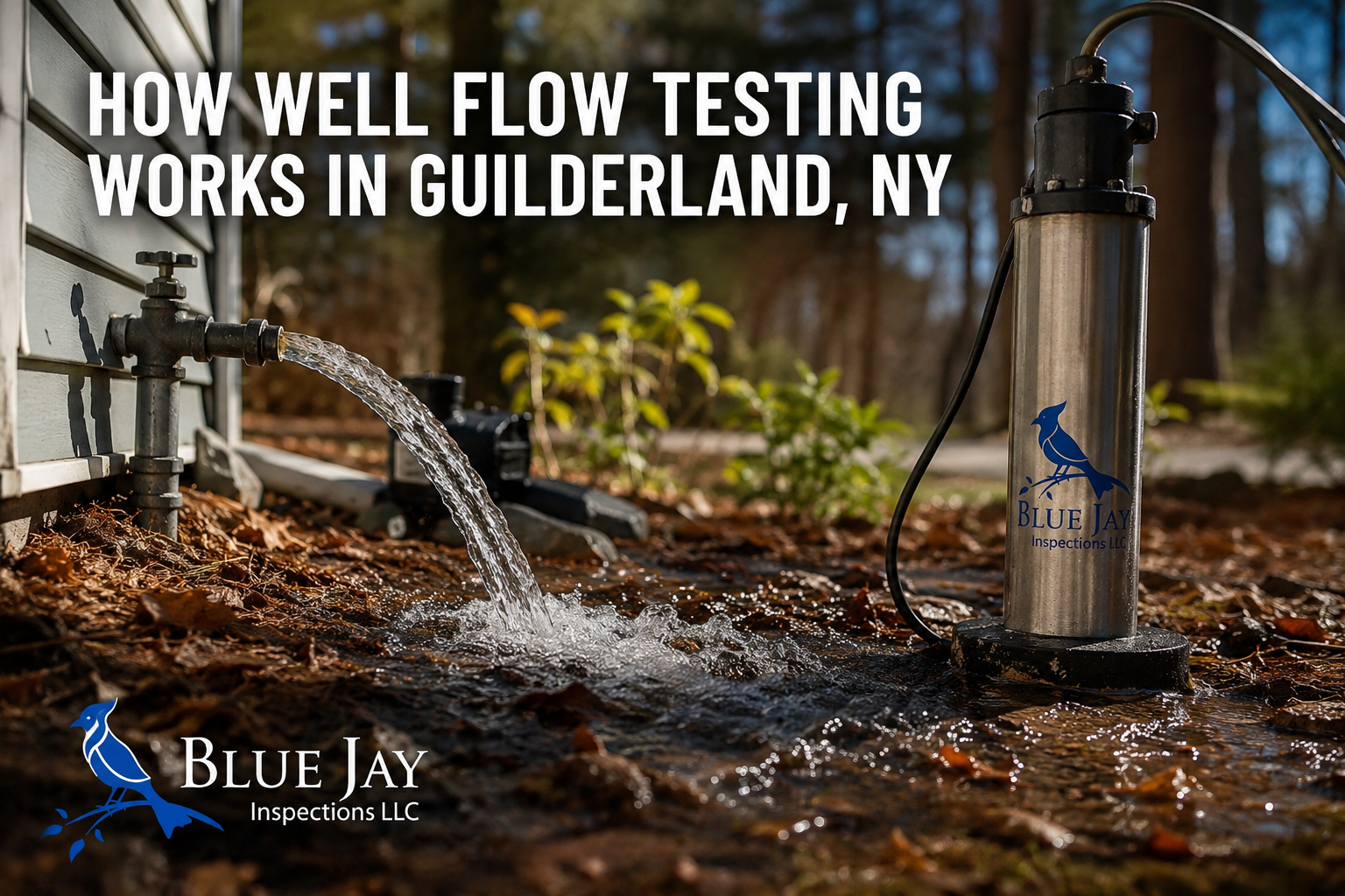 Well flow testing in Guilderland NY showing water flow from an exterior faucet during a professional private well inspection by Blue Jay Inspections LLC