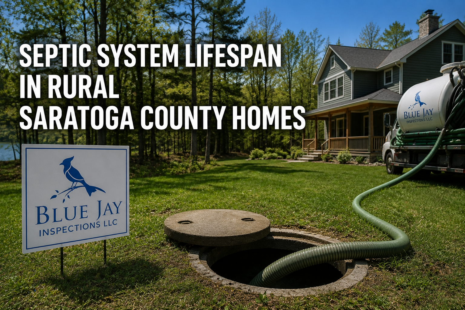 Septic system inspection at a rural Saratoga County NY home showing an exposed septic tank and professional inspection equipment by Blue Jay Inspections