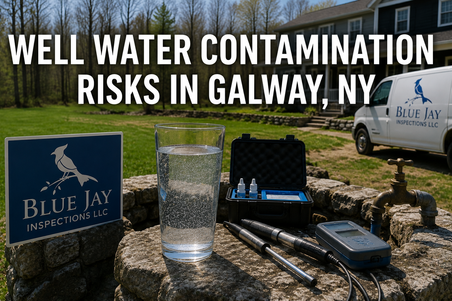 Well water contamination testing in Galway NY showing private well water sampling equipment and rural home water quality inspection by Blue Jay Inspections