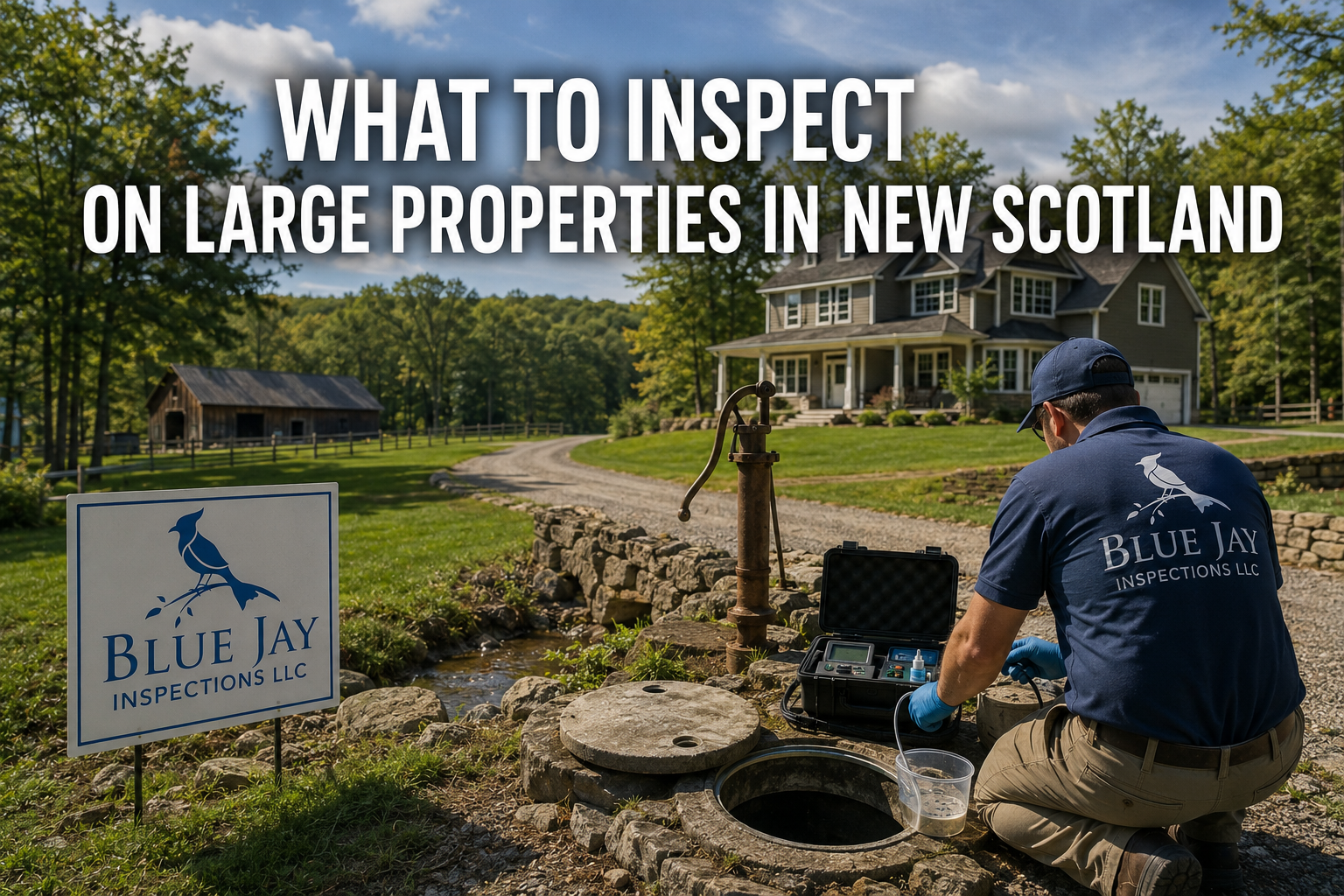 Inspection of a large rural property in New Scotland NY showing septic access, water testing equipment, barns, and acreage during a professional property inspection by Blue Jay Inspections