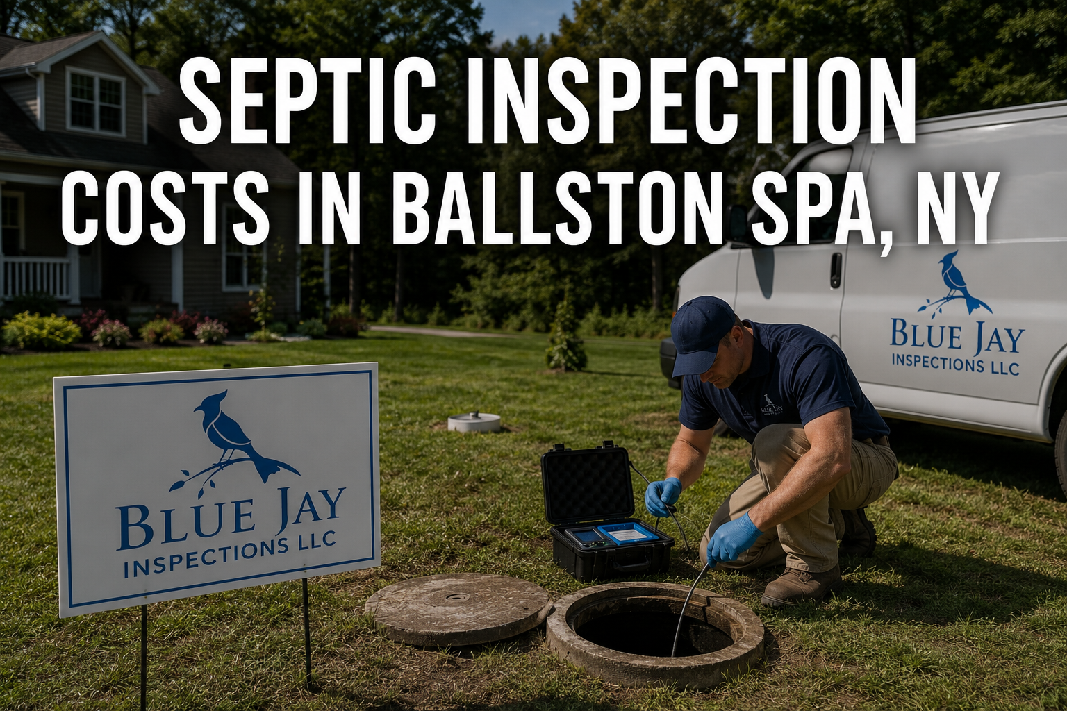 Septic inspection being performed at a Ballston Spa NY home with exposed septic tank access and professional inspection equipment by Blue Jay Inspections