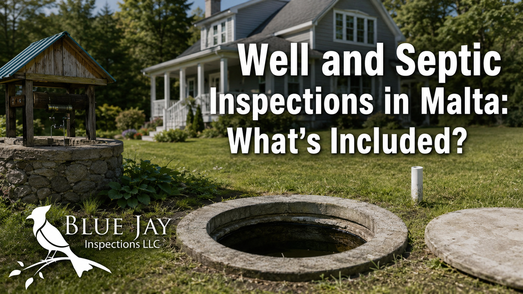Professional well and septic inspection in Malta NY showing a private residential property with a water well, septic access opening, and Blue Jay Inspections LLC branding