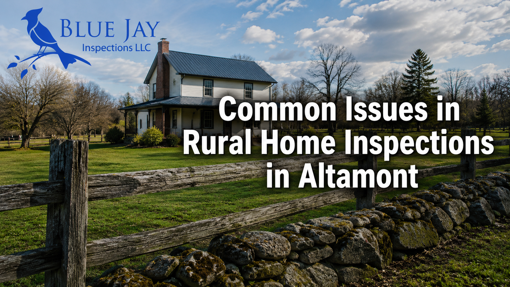 Rural farmhouse property in Altamont NY during a home inspection with Blue Jay Inspections branding, featuring common rural inspection concerns including aging structures and property conditions