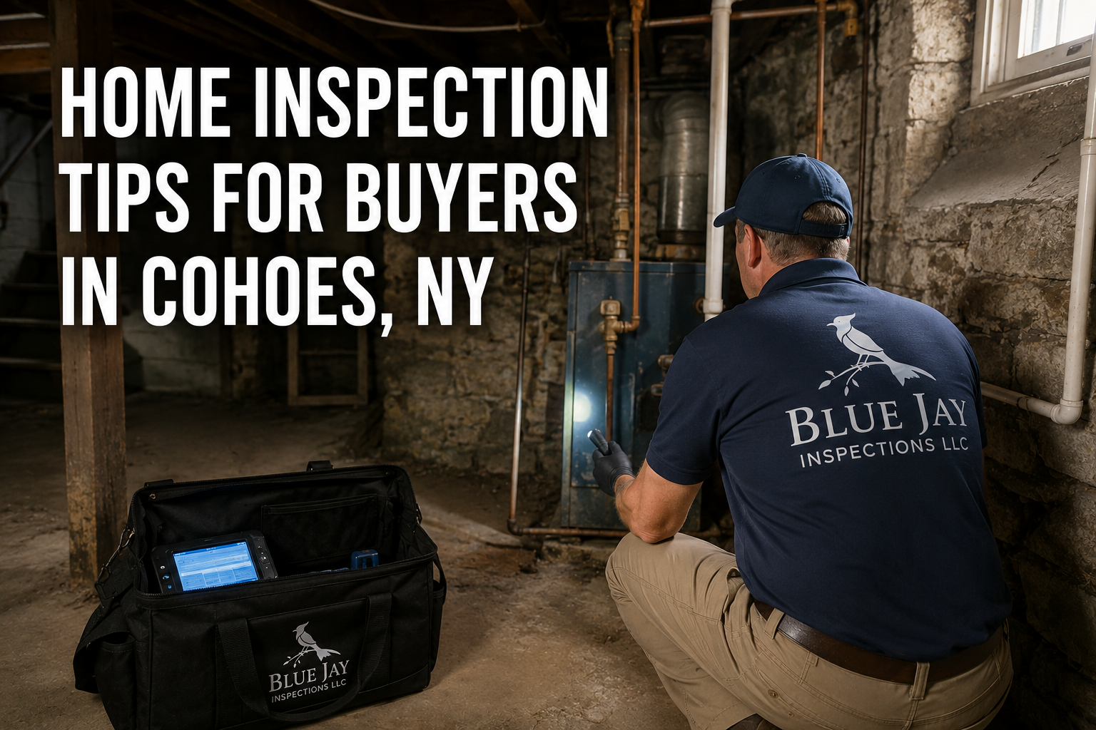Home inspection being performed at a residential property in Cohoes NY with professional inspection equipment and Blue Jay Inspections branding during a buyer home inspection
