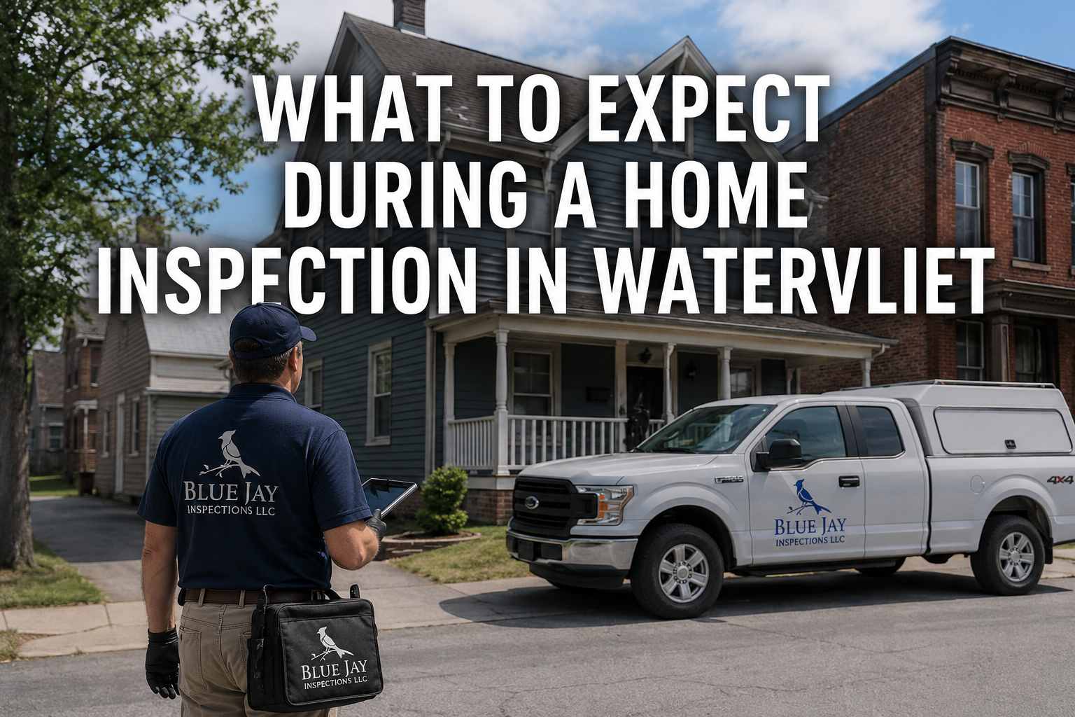 Home inspection in Watervliet NY showing a professional inspector evaluating an older residential property with Blue Jay Inspections branding during a buyer home inspection