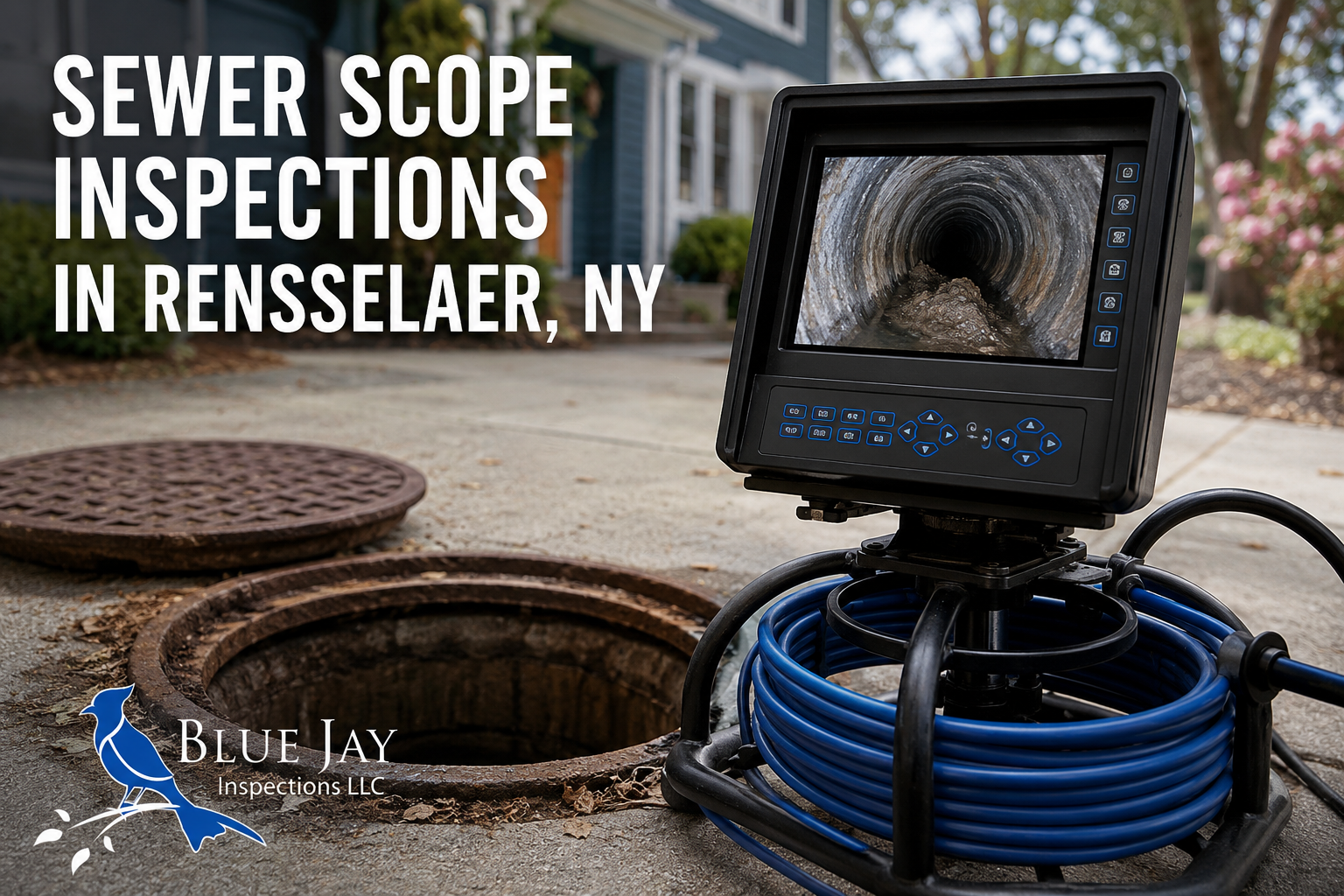Professional sewer scope inspection equipment inspecting a residential sewer line in Rensselaer, NY with Blue Jay Inspections LLC branding and sewer camera monitor visible beside an open cleanout.