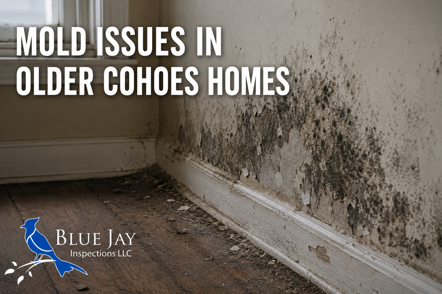 Visible black mold growth and water damage along the wall and baseboard inside an older Cohoes, NY home with Blue Jay Inspections LLC branding.