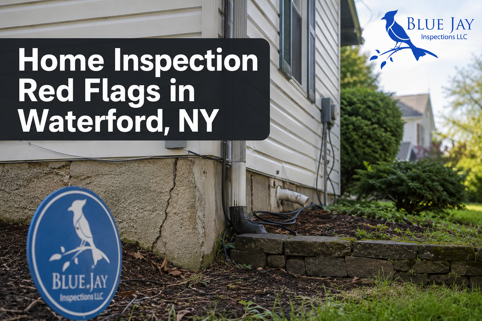 Home inspection red flags in Waterford NY showing foundation cracks and exterior drainage concerns on a residential home with Blue Jay Inspections branding