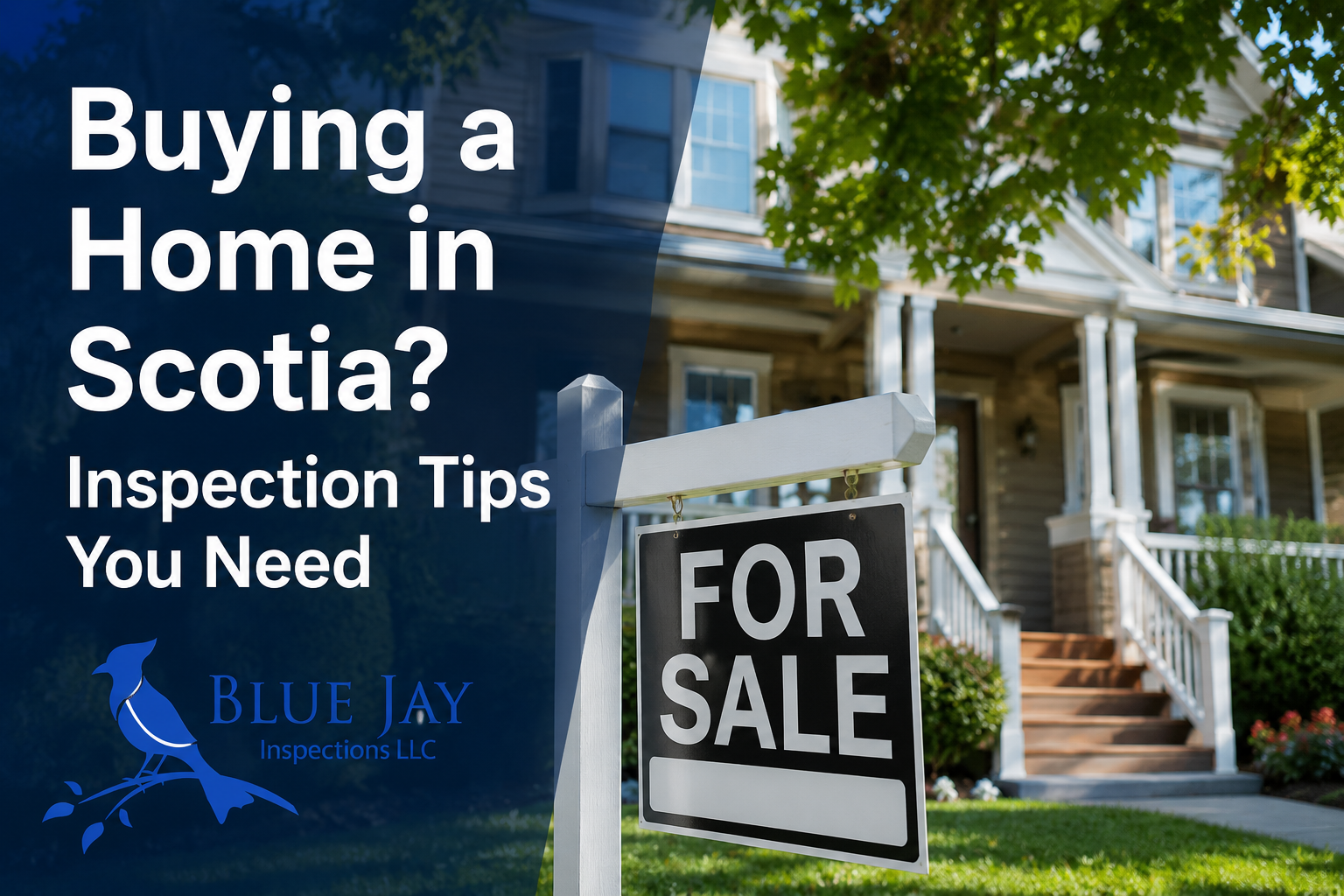 Buying a home in Scotia NY with a residential property and for sale sign highlighting important home inspection tips from Blue Jay Inspections