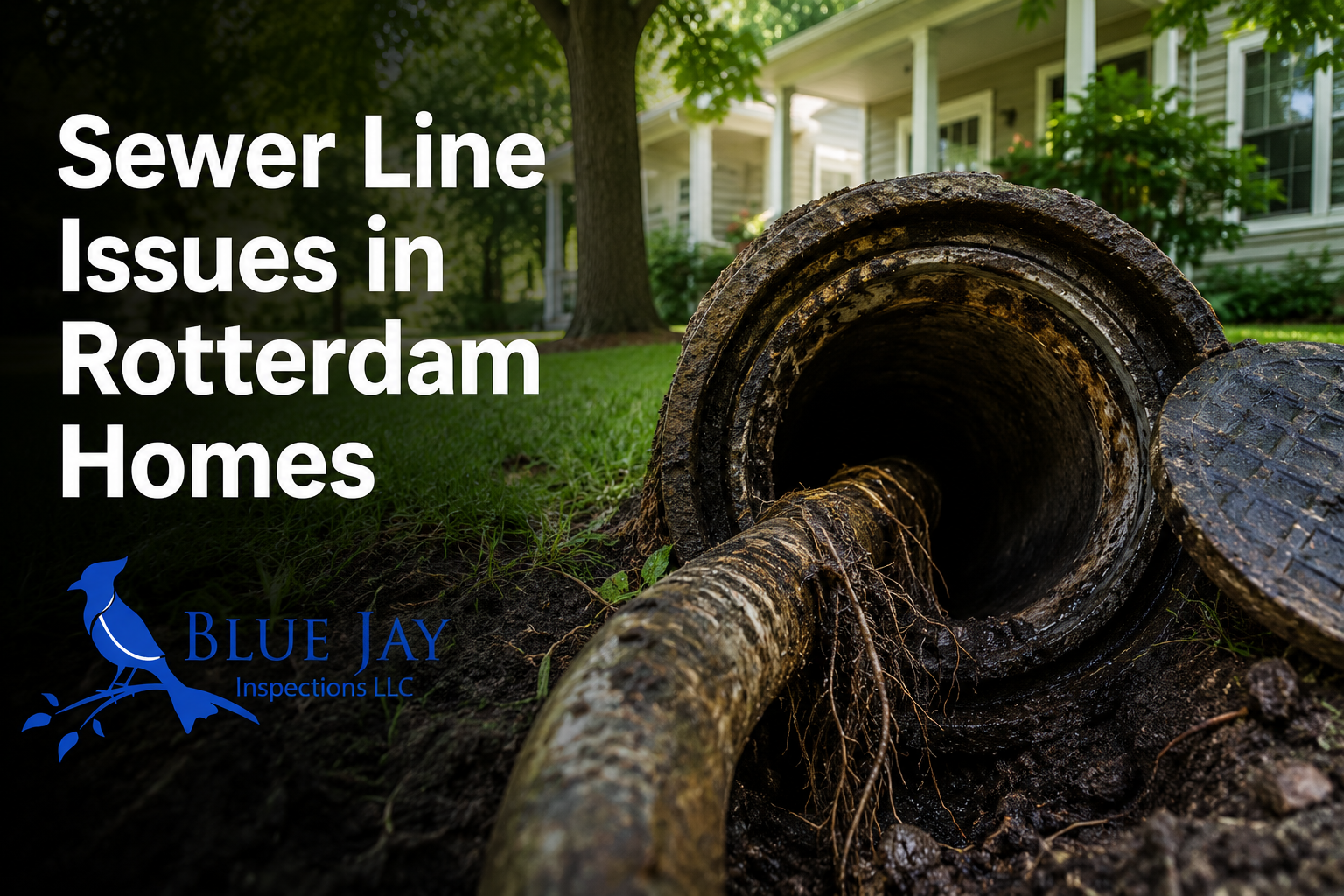 Sewer line issues in Rotterdam NY showing a damaged underground sewer pipe with root intrusion near a residential home and Blue Jay Inspections branding