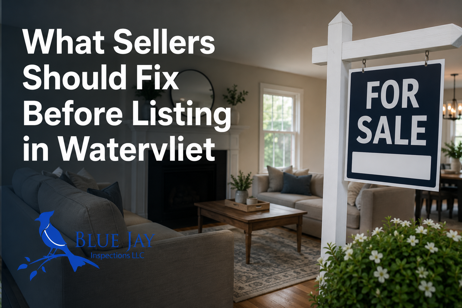 What sellers should fix before listing in Watervliet NY featuring a staged home interior with a for sale sign and Blue Jay Inspections branding