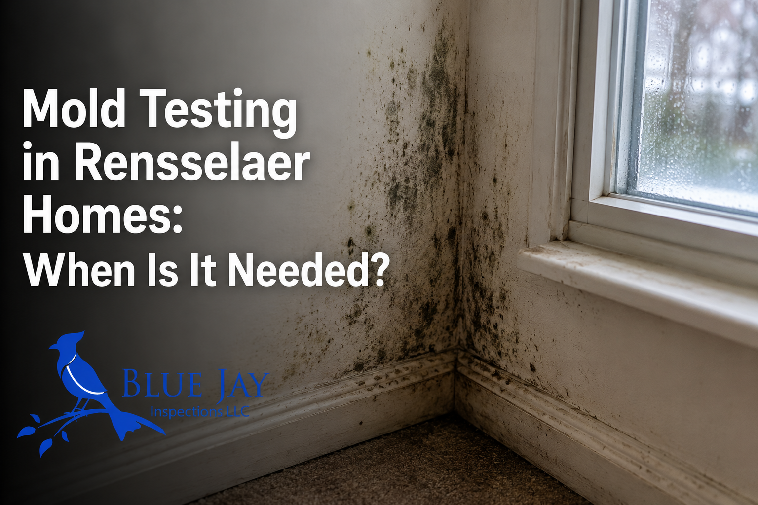 Mold testing in Rensselaer NY home showing visible moisture concerns and indoor air quality assessment with Blue Jay Inspections branding