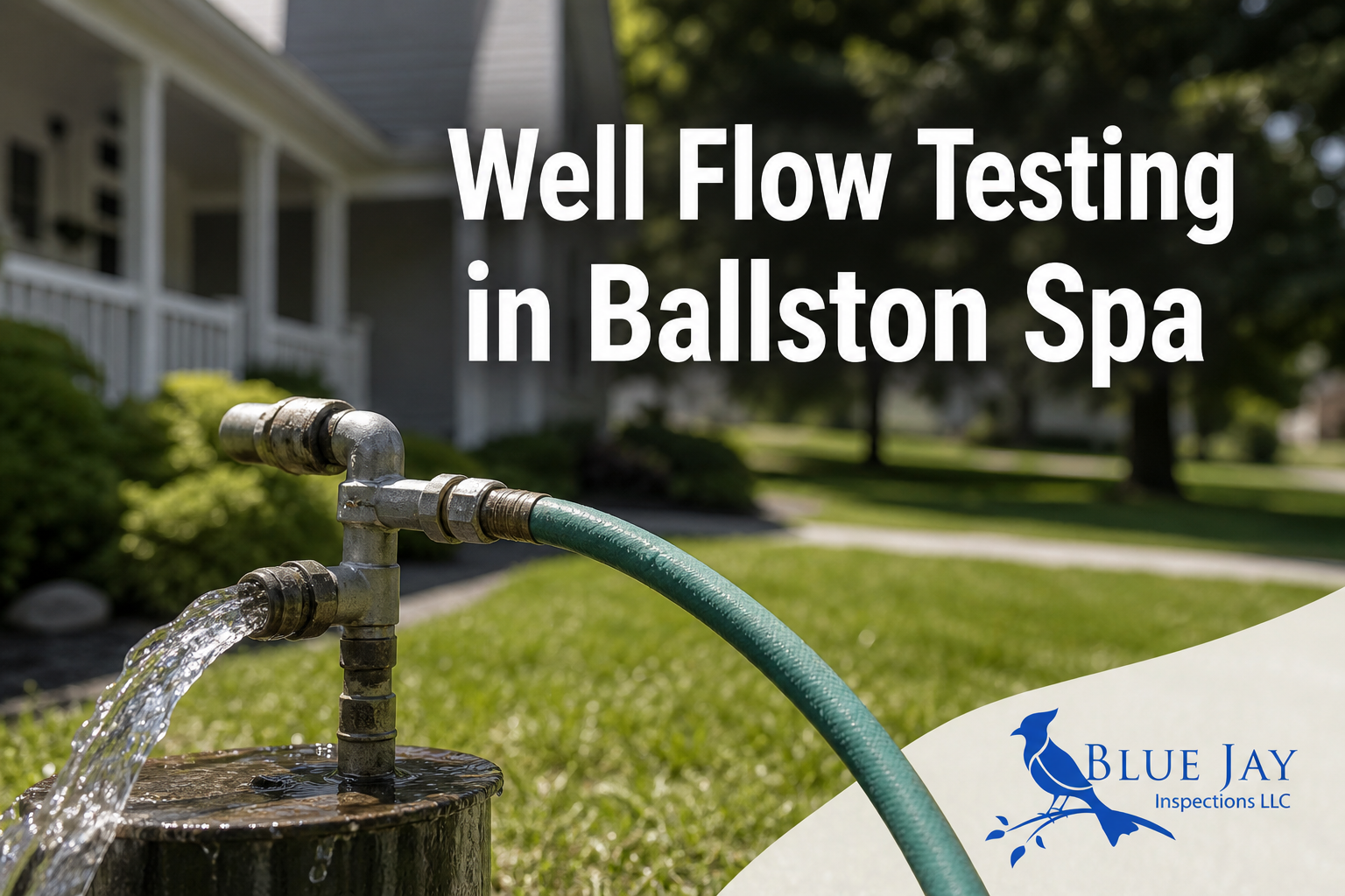 Well flow testing at residential property in Ballston Spa NY with hose and running water, Blue Jay Inspections