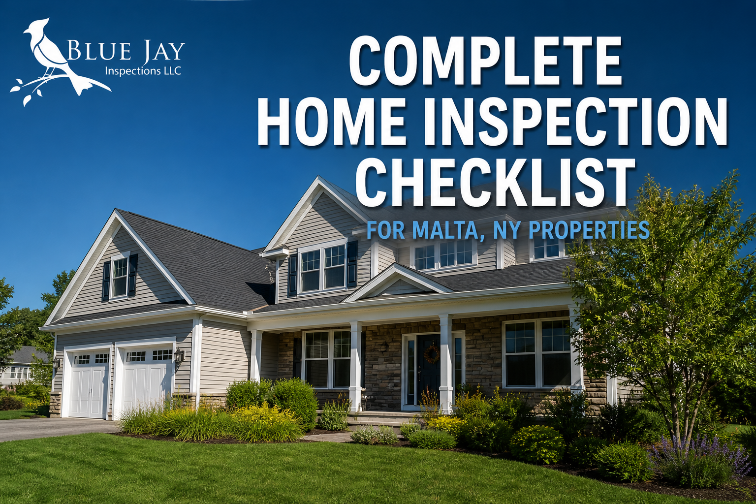 Modern home in Malta NY representing a complete home inspection checklist with Blue Jay Inspections branding