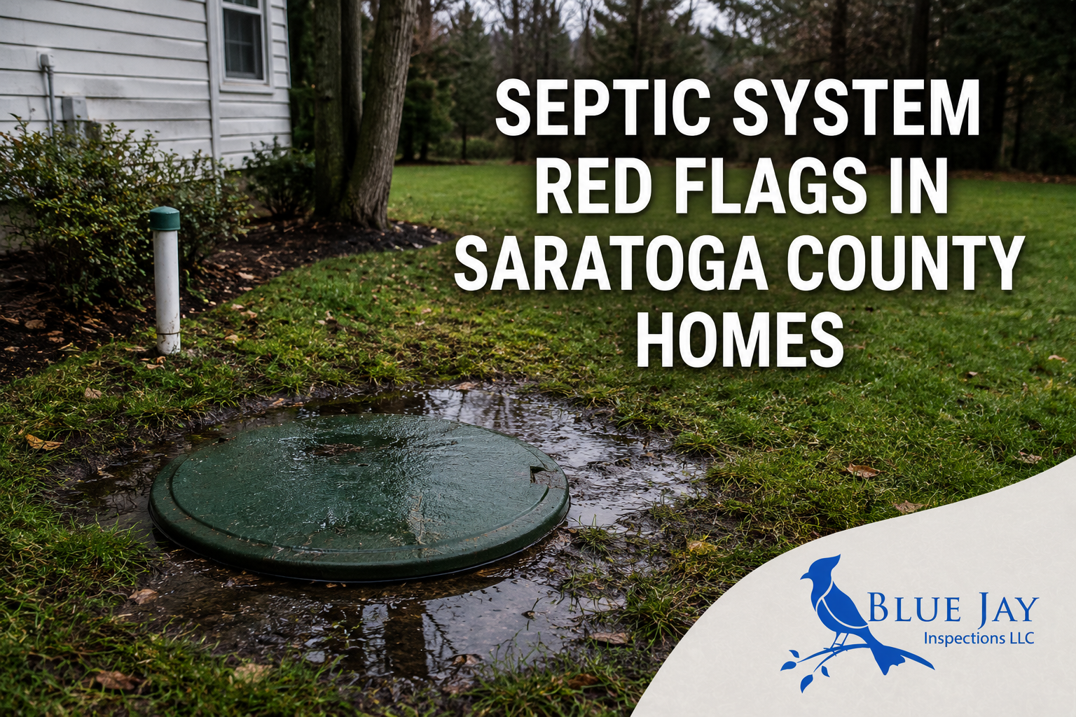 Failing septic system warning signs at Saratoga County home with standing water near septic tank and Blue Jay Inspections branding