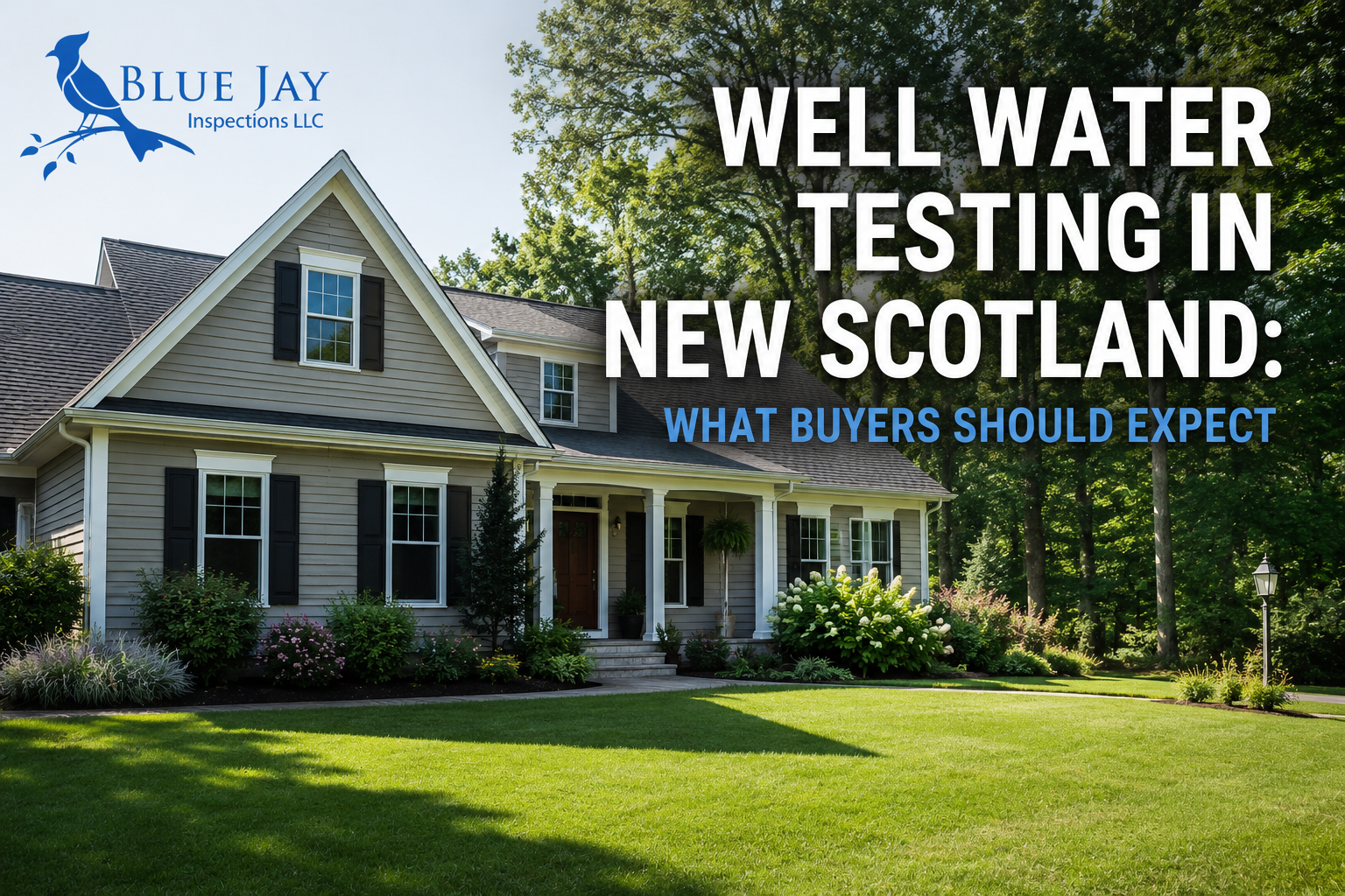 Modern home with landscaped yard in New Scotland NY representing well water testing for home buyers with Blue Jay Inspections branding