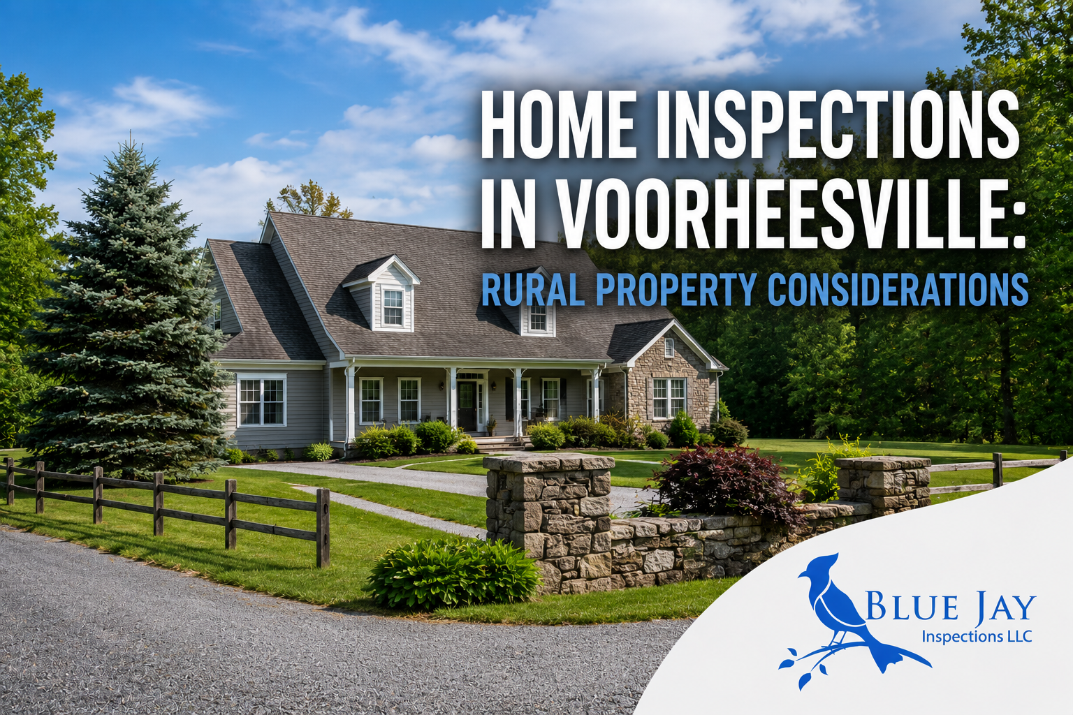 Rural home in Voorheesville NY representing home inspection considerations for country properties with Blue Jay Inspections branding