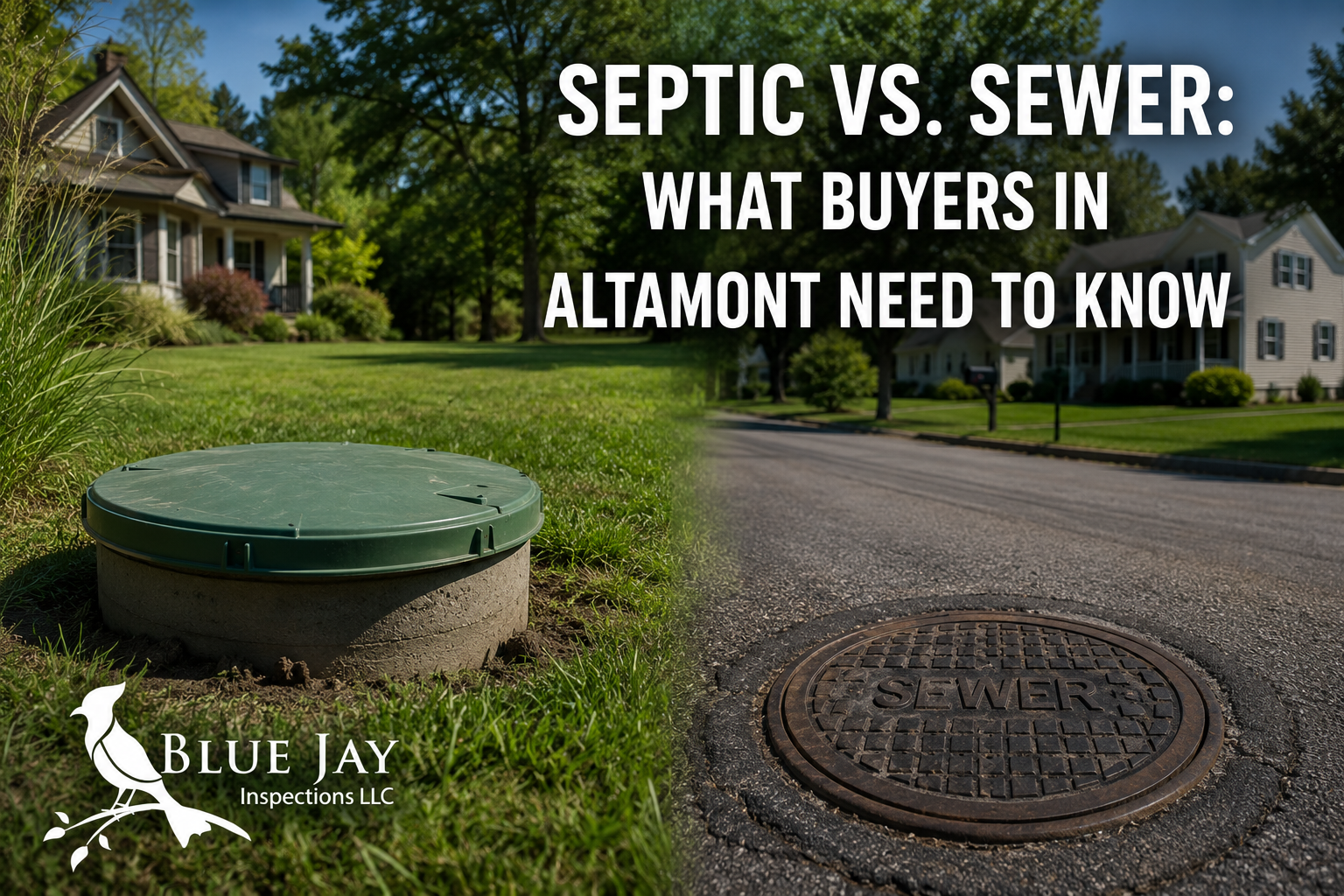 Comparison of septic system and municipal sewer connection for homes in Altamont NY with Blue Jay Inspections branding