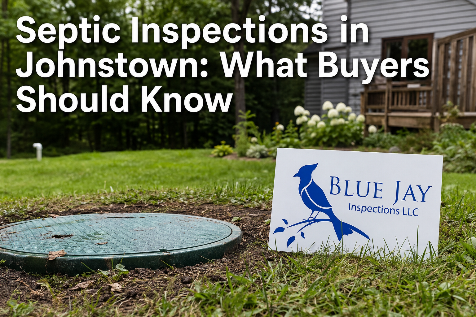 Professional septic inspection cover in the yard of a home in Johnstown, NY with Blue Jay Inspections signage, illustrating what home buyers should know about septic system inspections before purchasing a property.