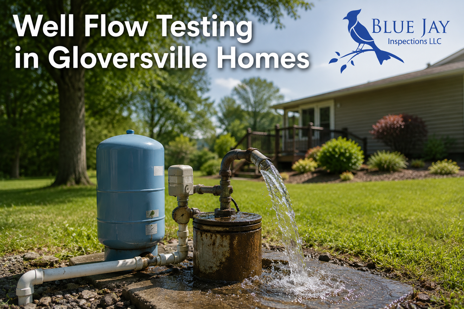 Private well flow testing system operating outside a residential home in Gloversville, New York, showing water discharge from a well and pressure tank used to evaluate water supply performance for home buyers.